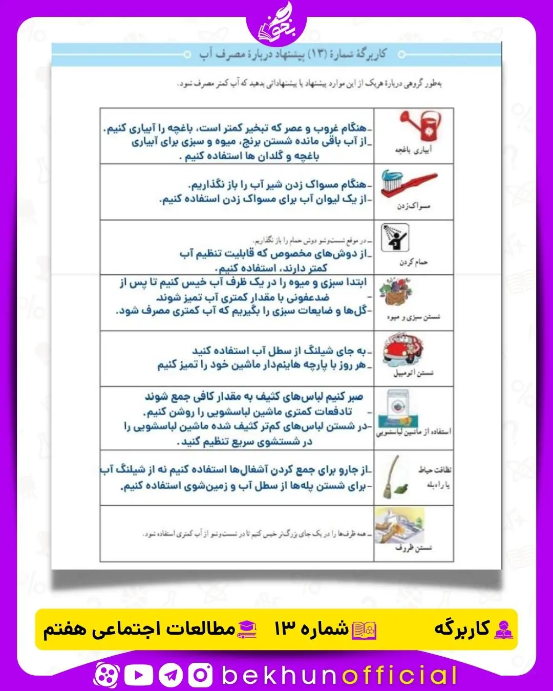 جواب کاربرگه شماره 13 مطالعات هفتم پیشنهاد درباره مصرف آب