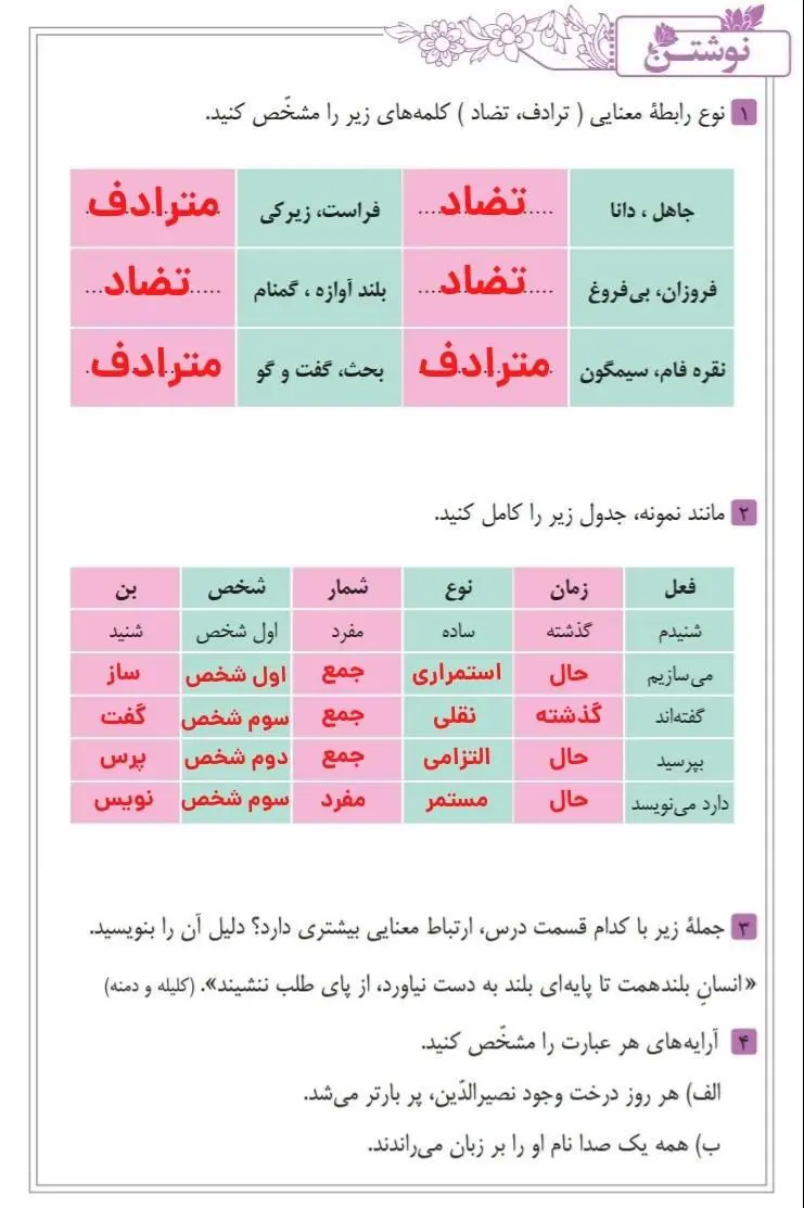 جواب نوشتن صفحه 73 فارسی نهم