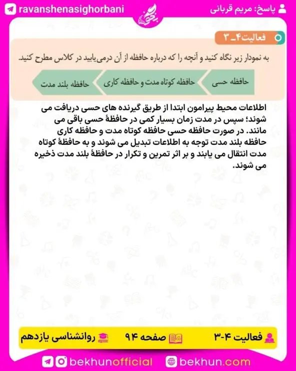 جواب فعالیتهای روانشناسی یازدهم انسانی 102 پاسخ فعالیت 3 صفحه 94 روانشناسی یازدهم انسانی