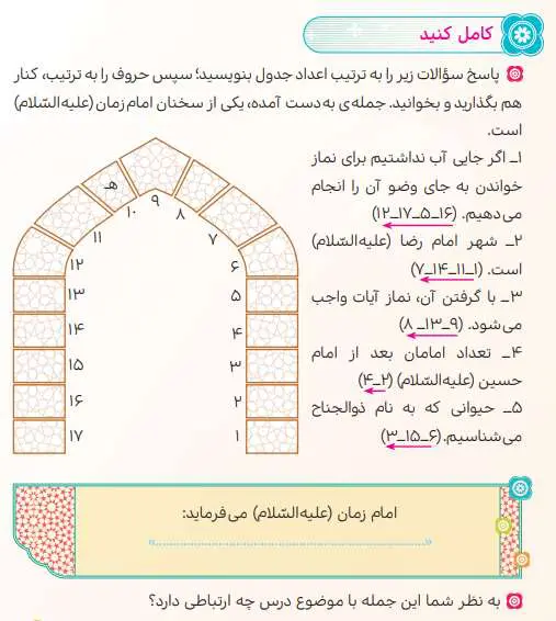 جواب کامل کنید درس هفتم هدیه های آسمانی ششم ابتدایی