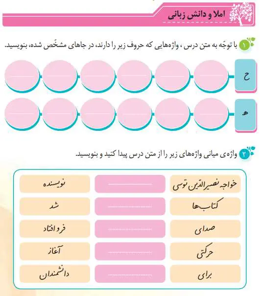 پاسخ املا و دانش زبانی درس 11 نگارش پنجم