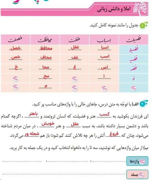 پاسخ املا و دانش زبانی درس 4 نگارش پنجم