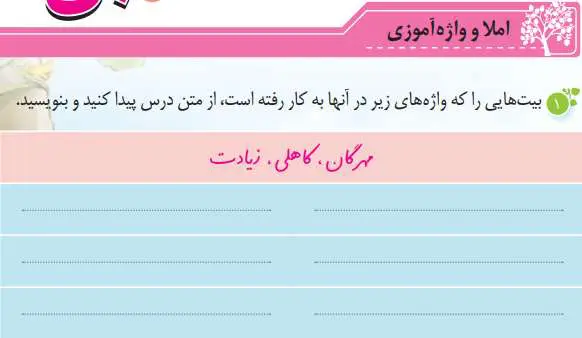 پاسخ املا و واژه آموزی درس پنجم نگارش پنجم دبستان