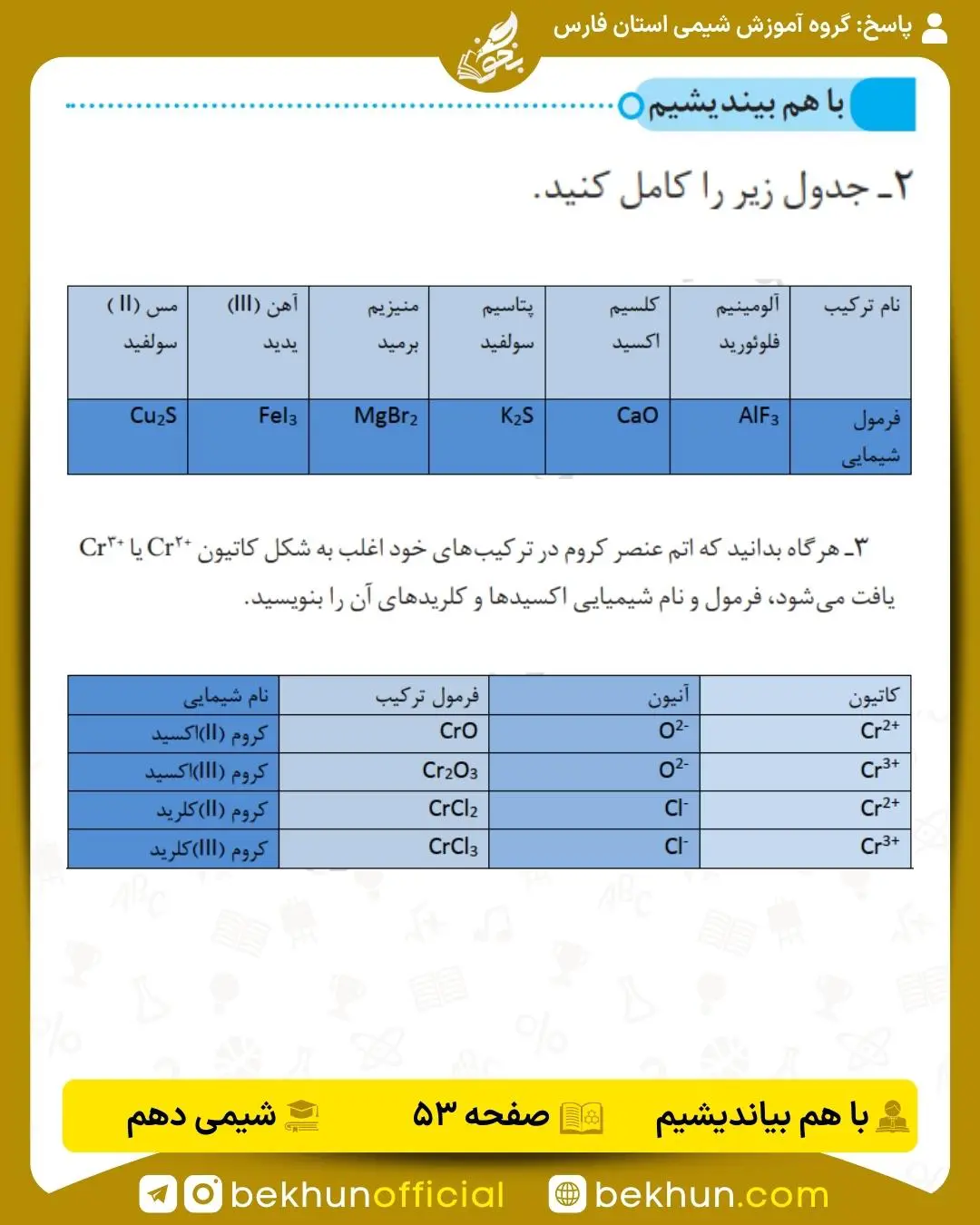 پاسخ باهم بیندیشم شیمی دهم صفحه 53 