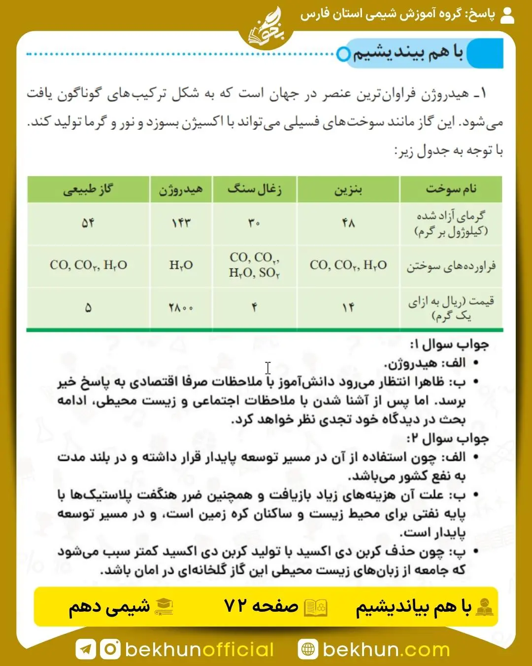 پاسخ باهم بیندیشم صفحه 72 شیمی دهم