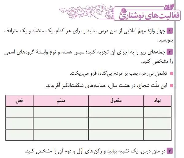 پاسخ فعالیت نوشتاری درس 10 فارسی هشتم