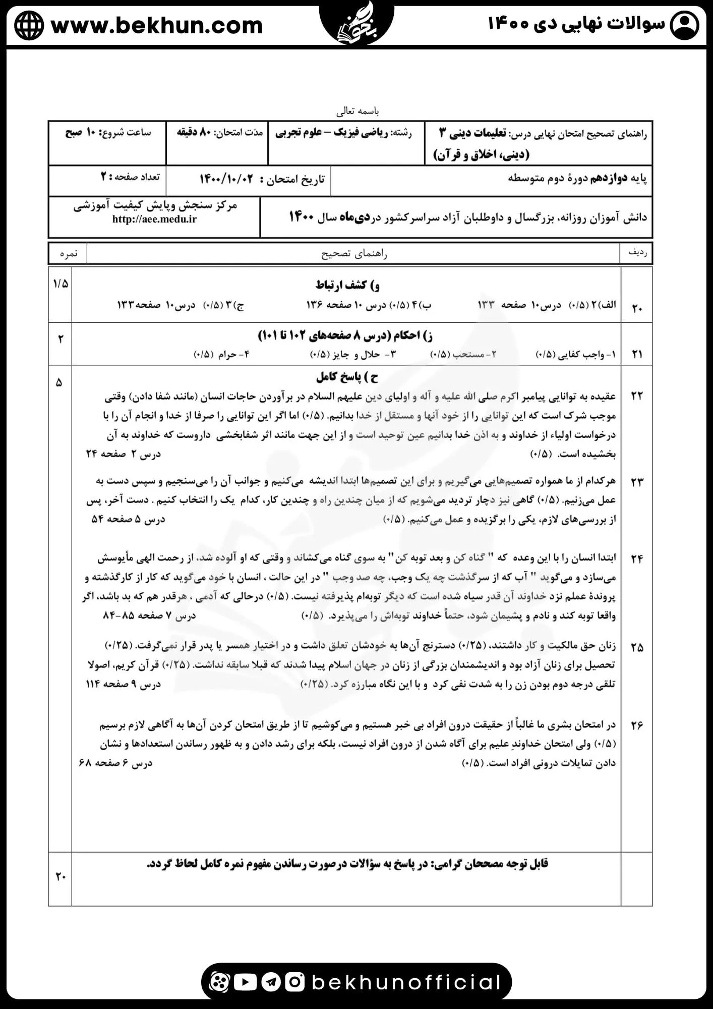 نمونه سوالات نهایی دینی دوازدهم با جواب 89 سوالات نهایی دینی دوازدهم ریاضی دی 1400
