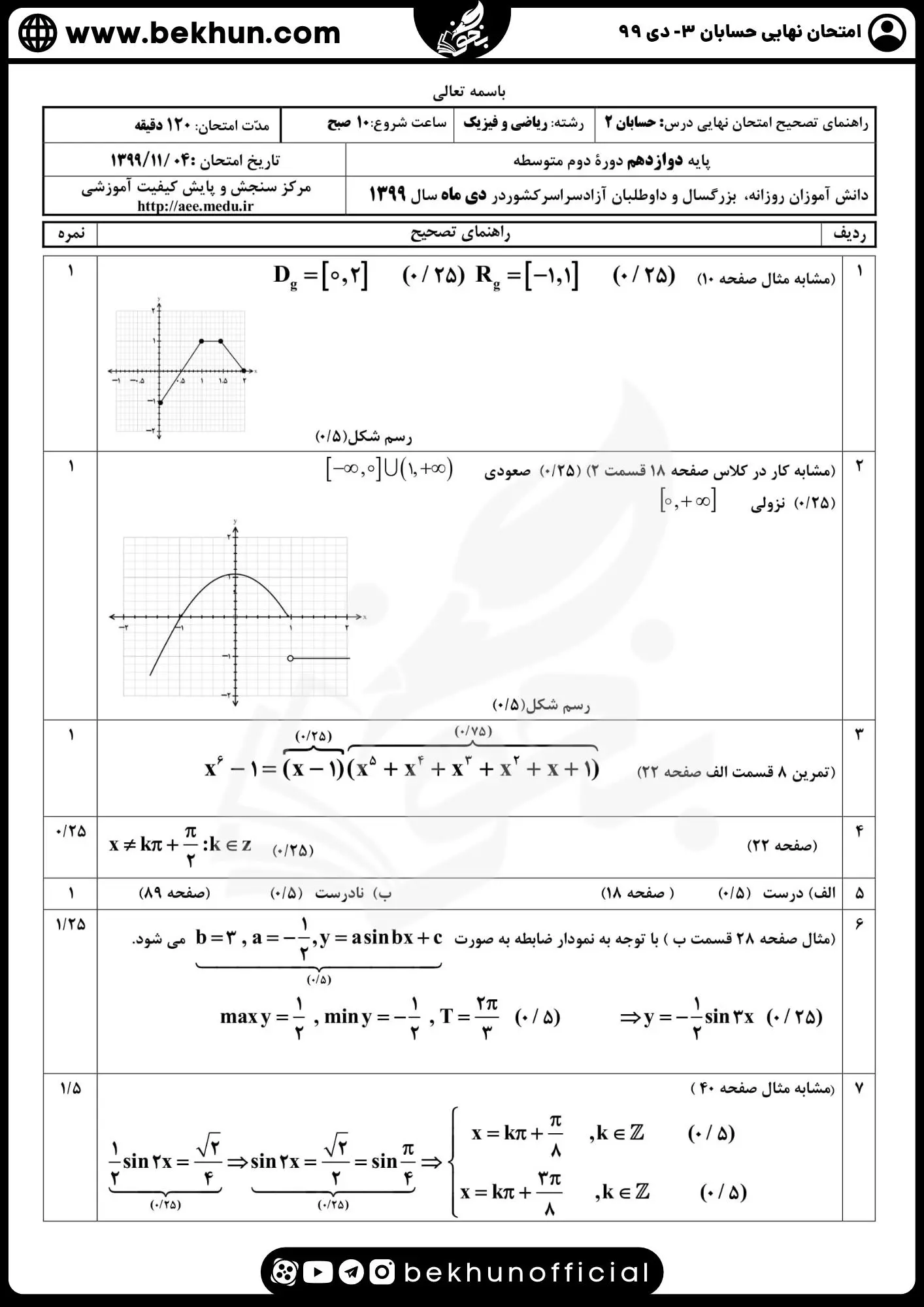 نمونه سوال امتحان نهایی حسابان دوازدهم با جواب 122 جواب نمونه سوالات نهایی حسابان دوازدهم دی 99