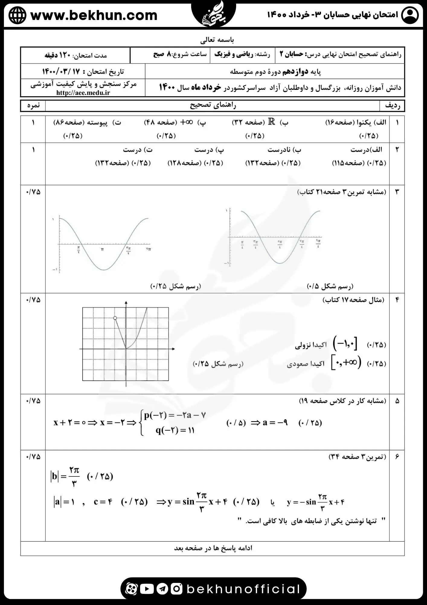نمونه سوال امتحان نهایی حسابان دوازدهم با جواب 98 دانلود نمونه سوالات نهایی حسابان دوازدهم خرداد ماه 1400 با جواب