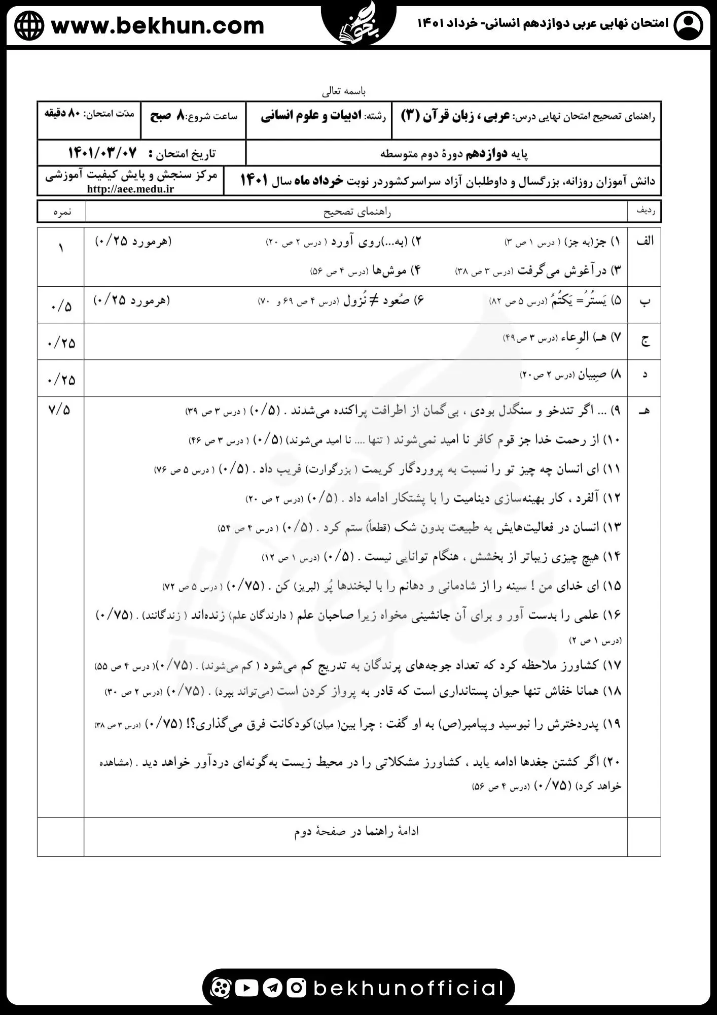 جواب نمونه سوال نهایی عربی دوازدهم انسانی خرداد 1401