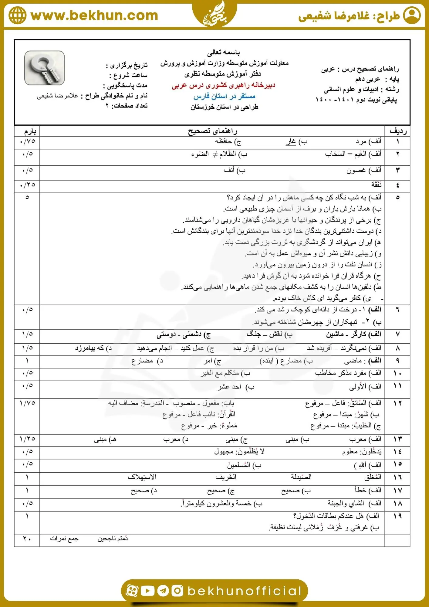امتحان عربی دهم انسانی شهریور با جواب