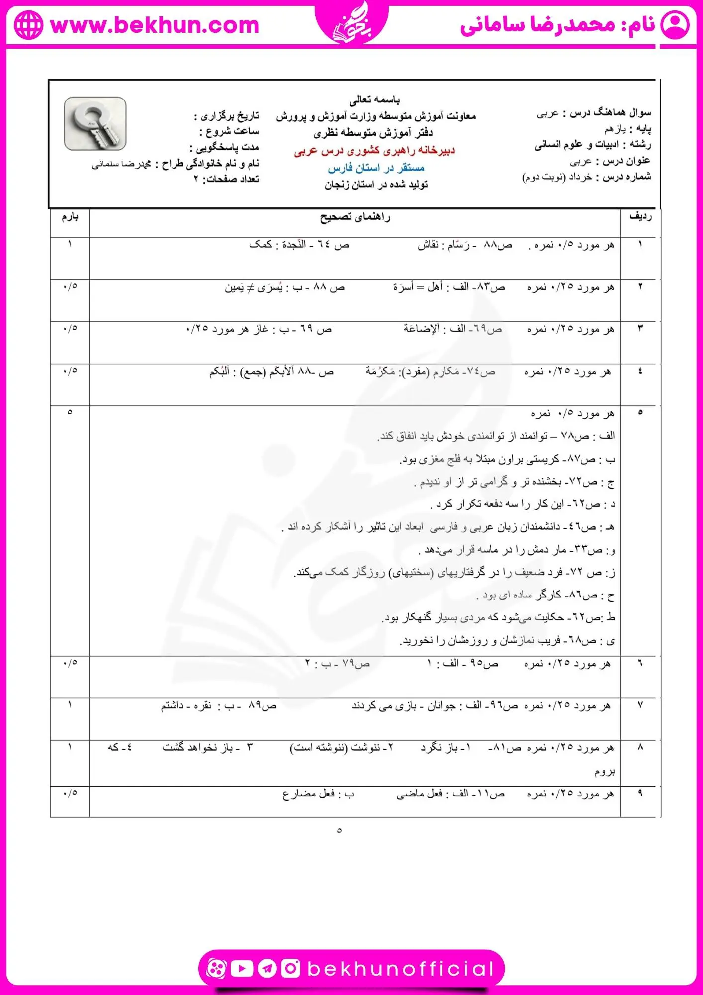 دانلود نمونه سوال عربی یازدهم انسانی نوبت دوم 