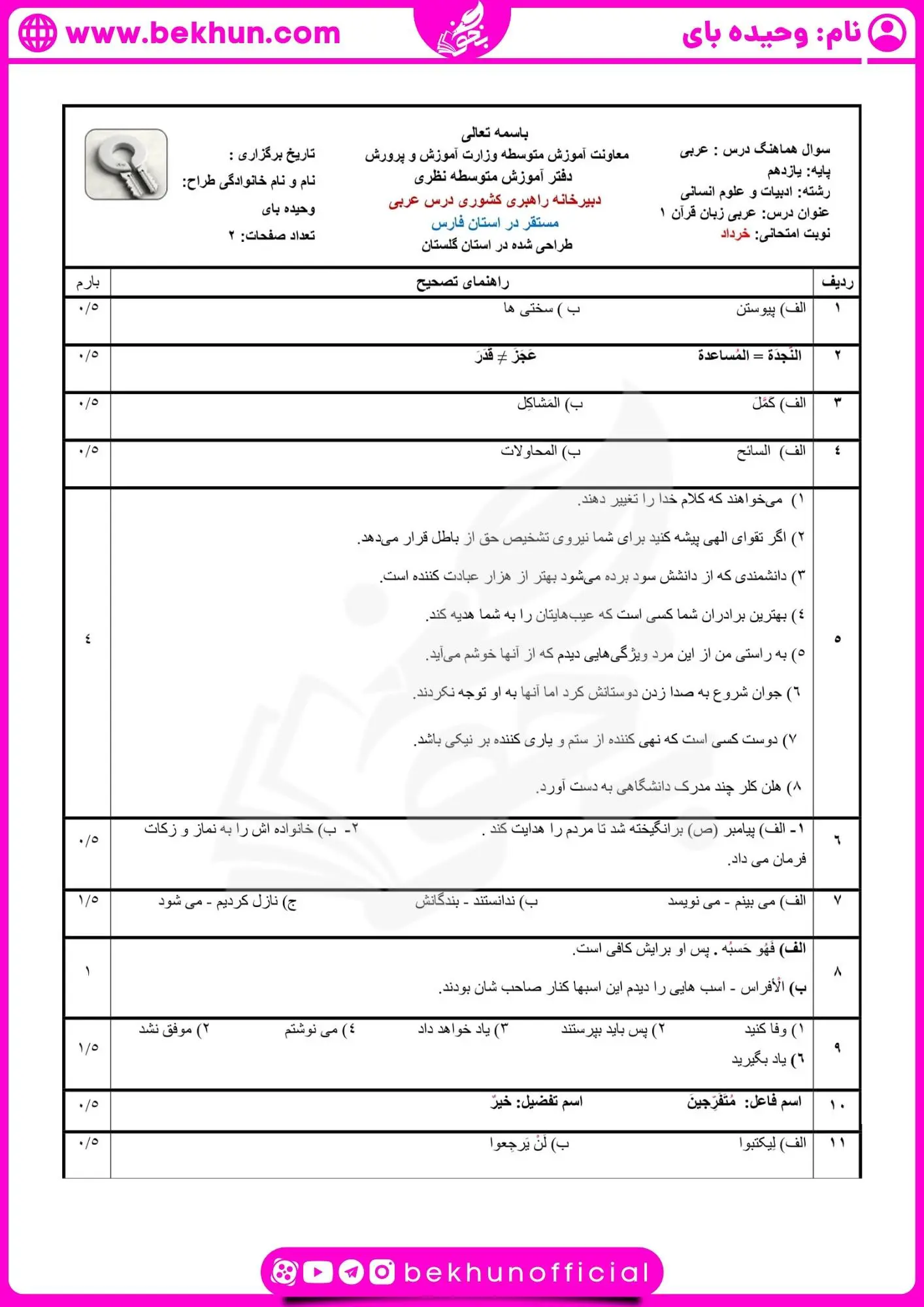 امتحان عربی یازدهم انسانی خرداد با جواب