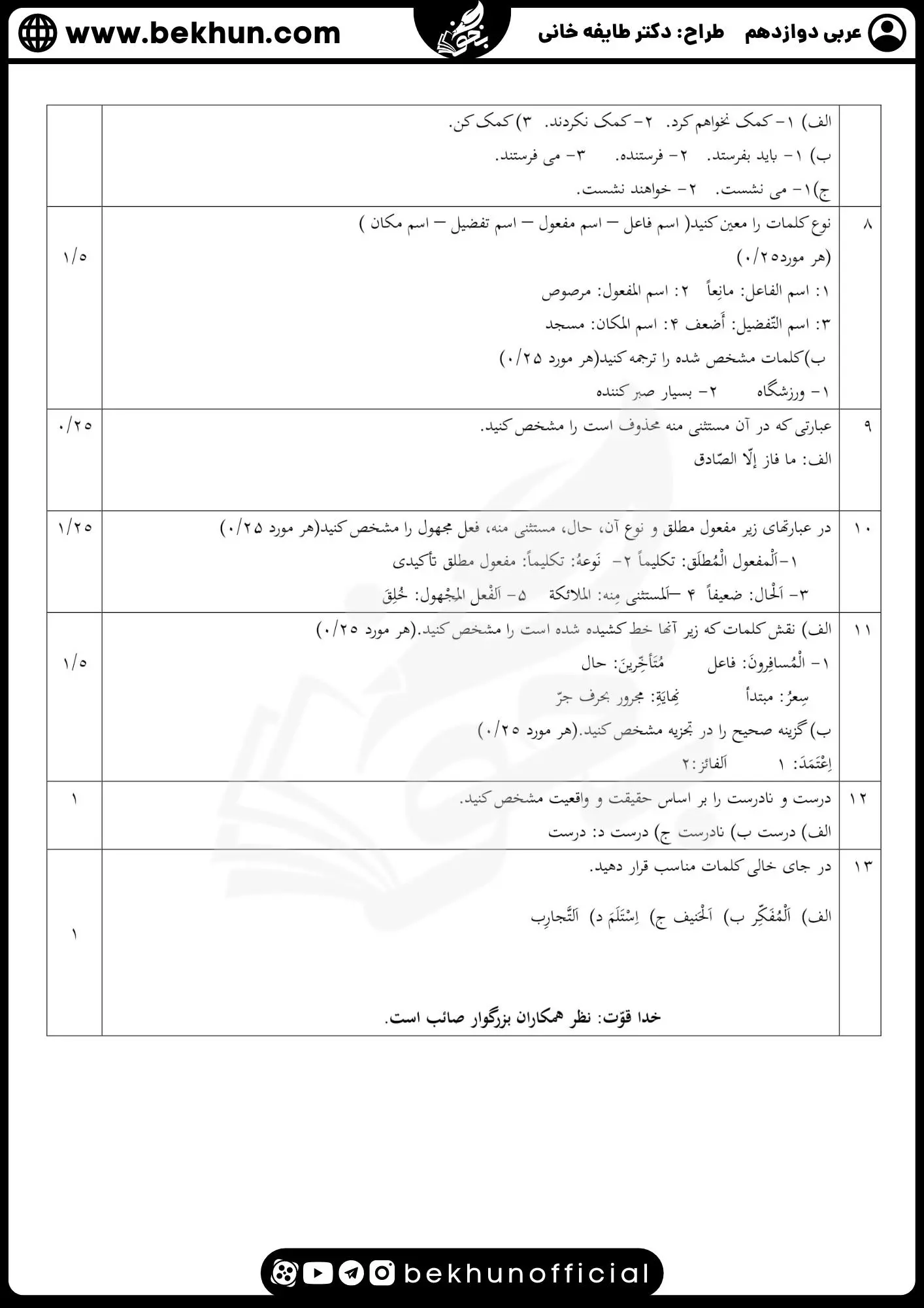نمونه سوالات نهایی عربی دوازدهم تجربی و ریاضی با جواب 87 حل سوالات امتحان نهایی عربی دوازدهم تجربی