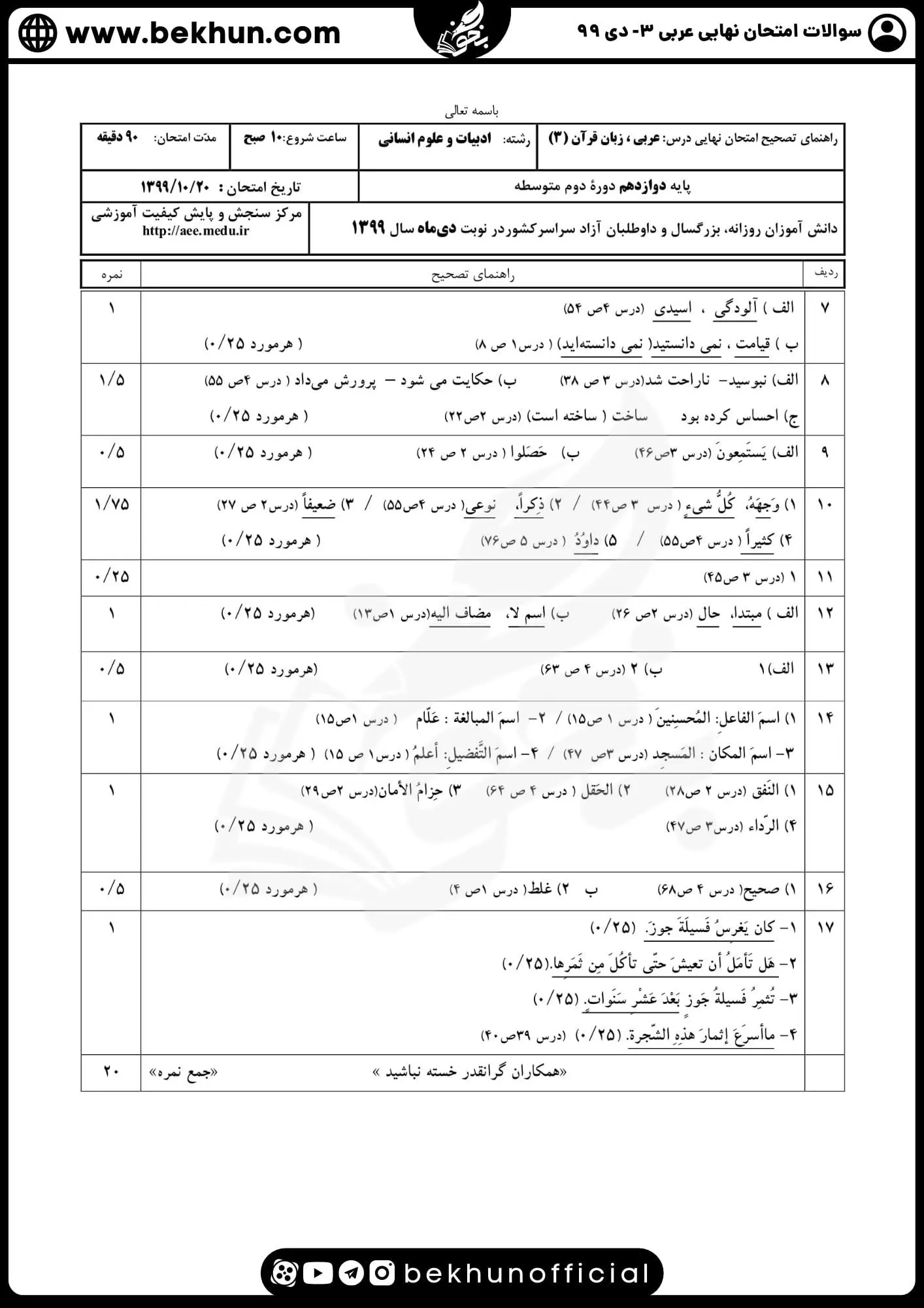 دانلود نمونه سوالات امتحان نهایی عربی دوازدهم انسانی دی ماه 99 با جواب