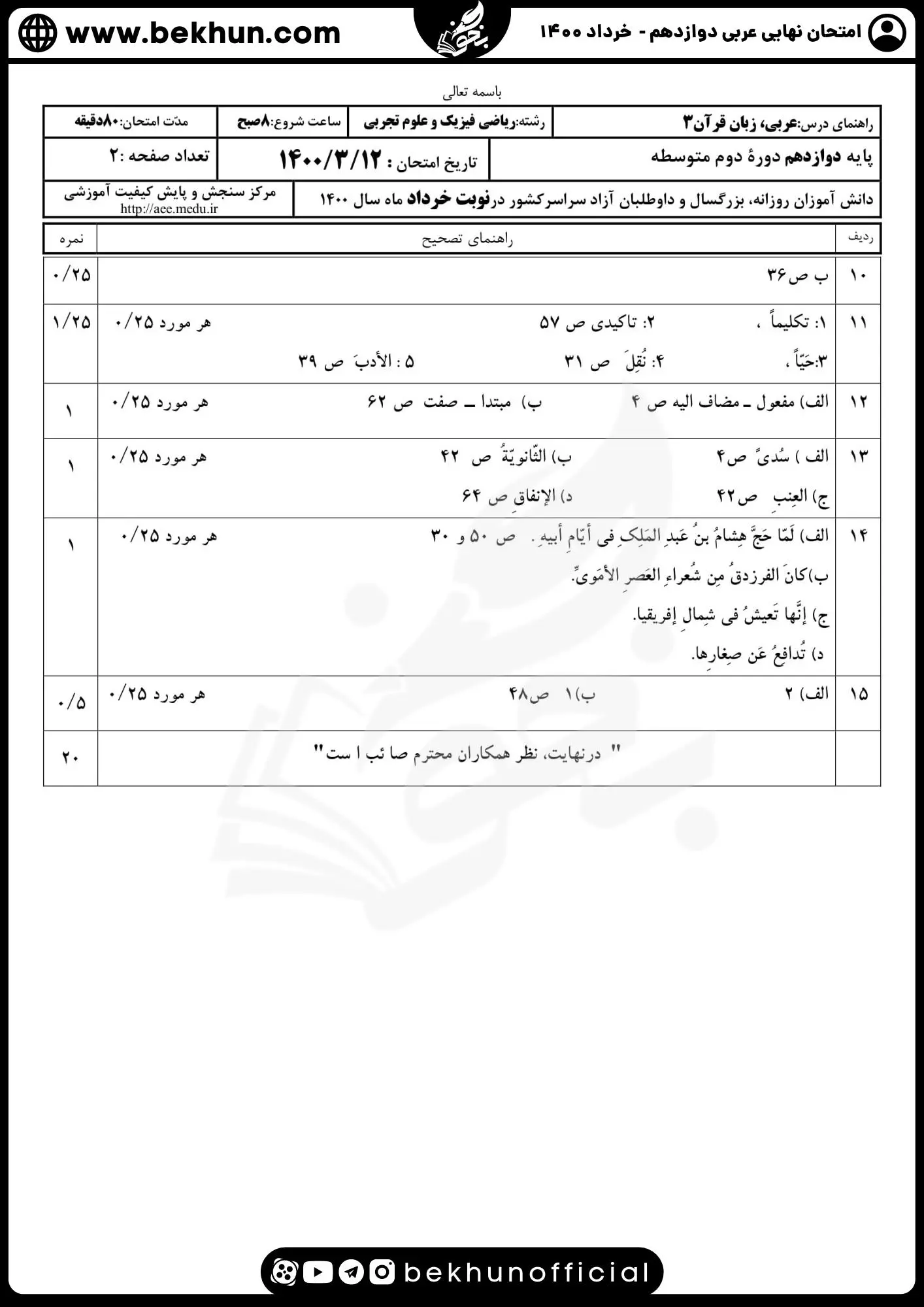 نمونه سوالات نهایی عربی دوازدهم تجربی و ریاضی با جواب 118 جواب سوالات امتحان نهایی عربی دوازدهم تجربی خرداد ماه 1400