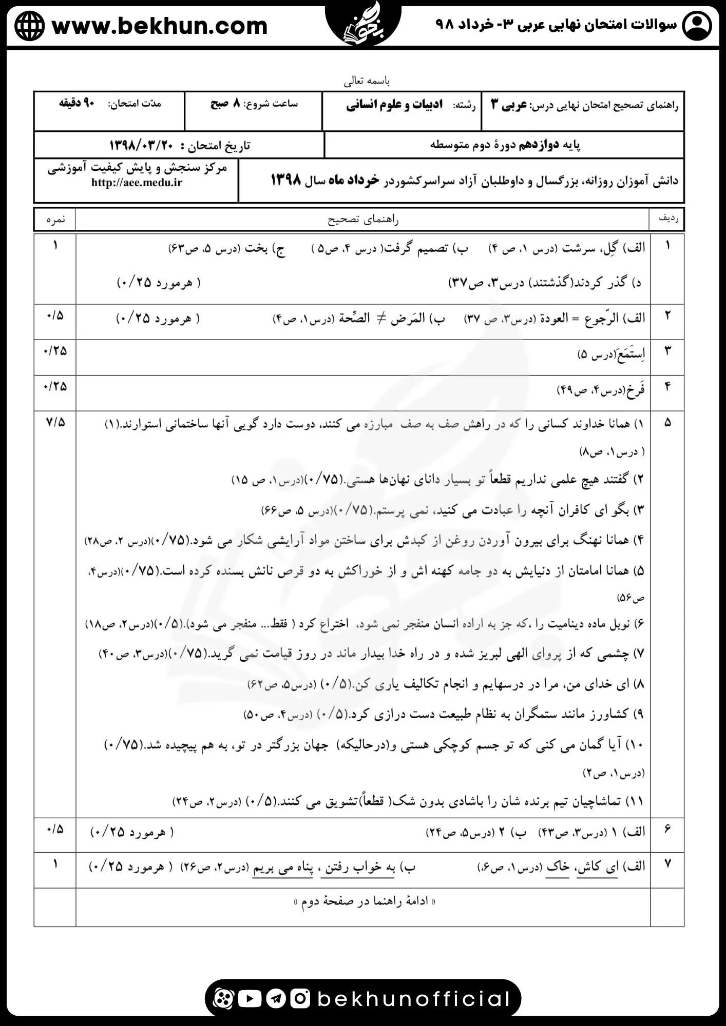 دانلود جواب نمونه سوالات عربی دوازدهم انسانی خرداد 98