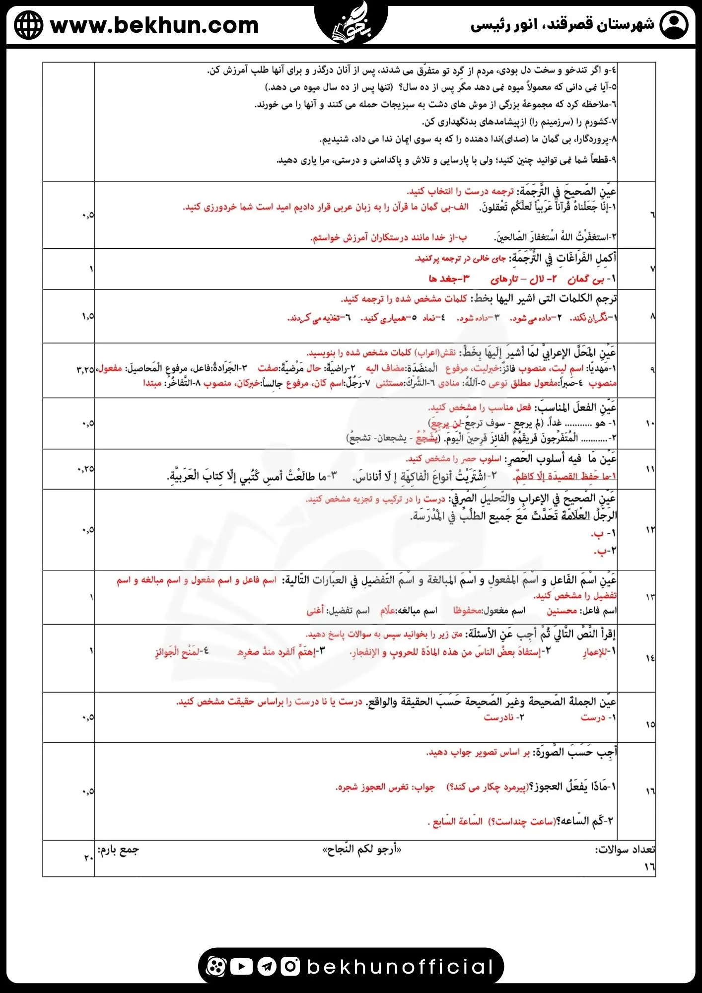 دانلود نمونه سوالات امتحان نهایی عربی دوازدهم انسانی با جواب