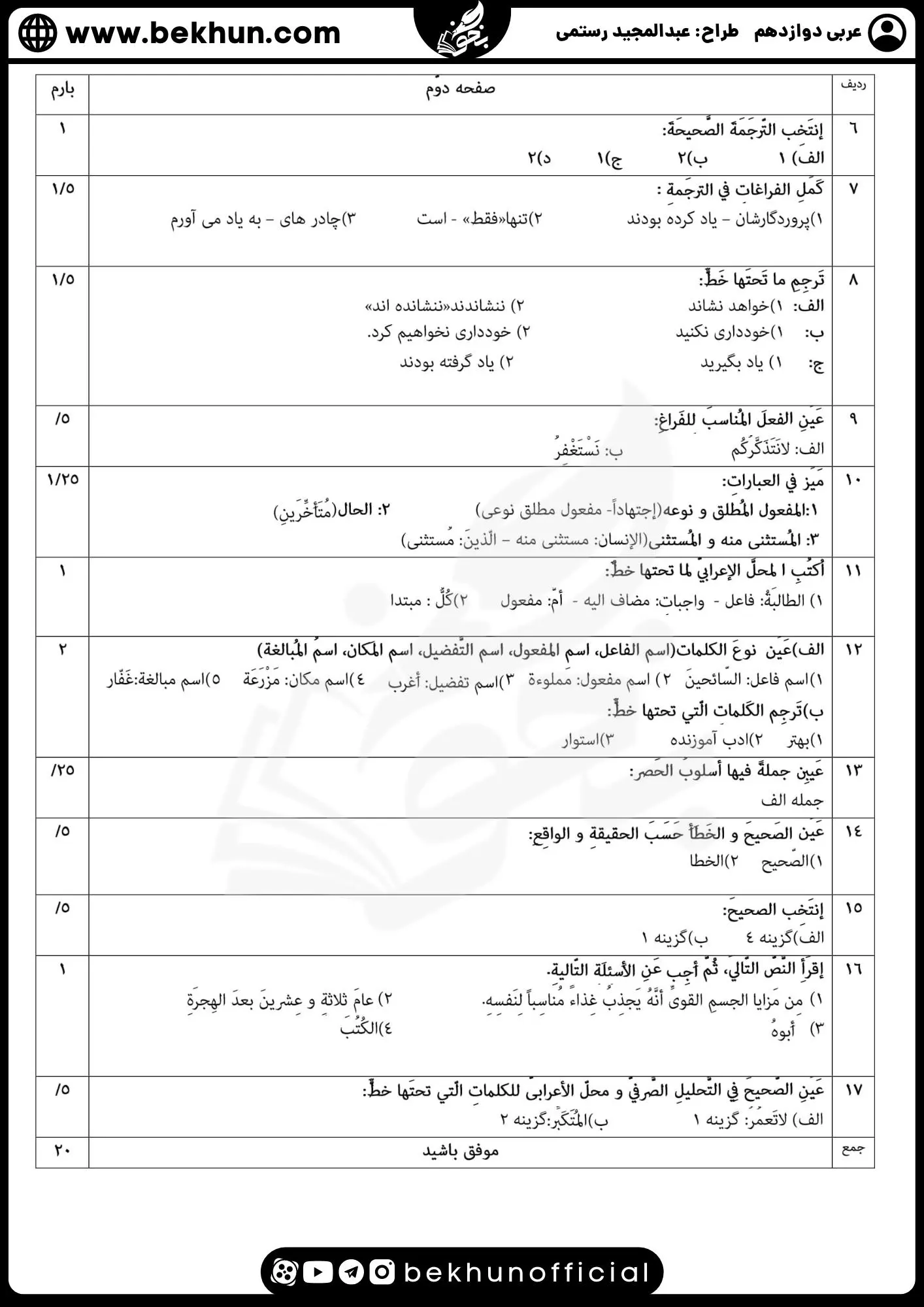 نمونه سوالات نهایی عربی دوازدهم تجربی و ریاضی با جواب 108 پاسخ سوالات نهایی عربی دوازدهم تجربی