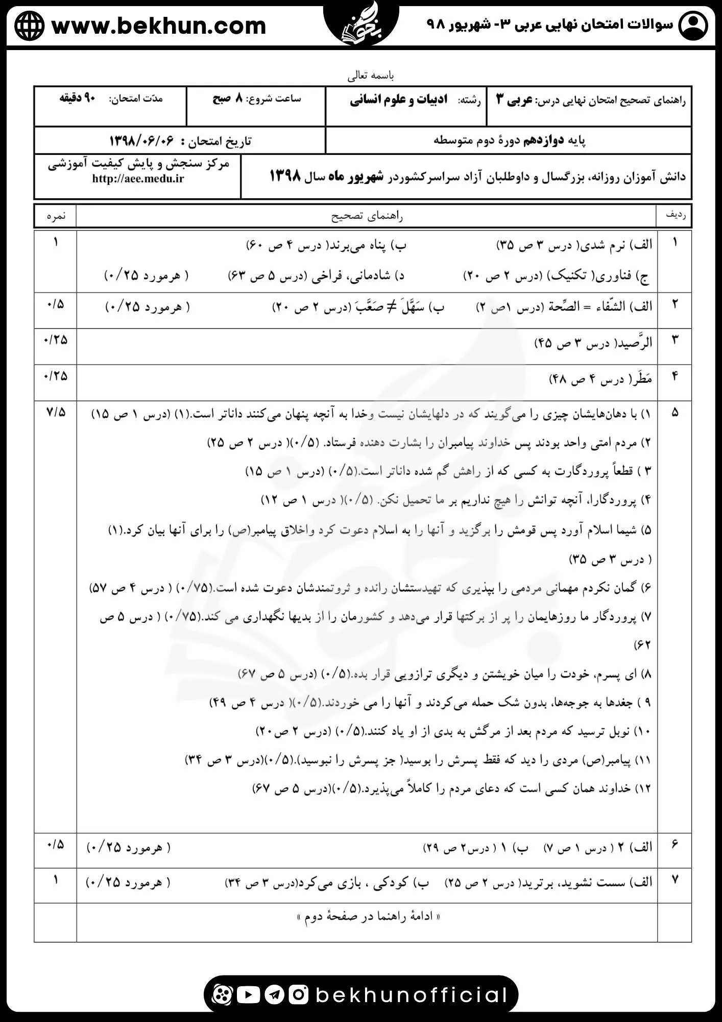 دانلود نمونه سوالات نهایی عربی دوازدهم انسانی سال 98 شهریور ماه با جواب