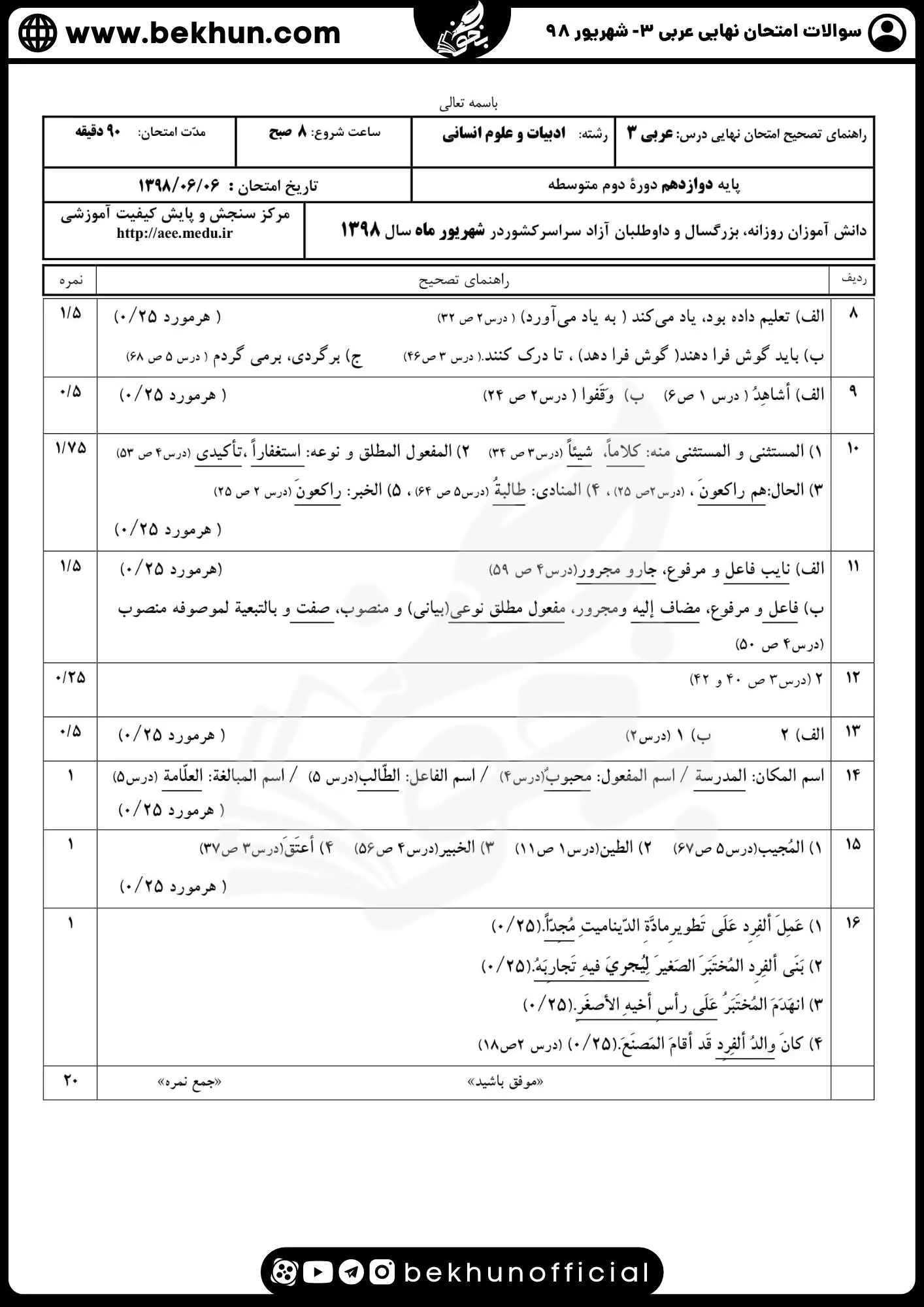 دانلود نمونه سوالات نهایی عربی دوازدهم انسانی سال 98 شهریور ماه با جواب