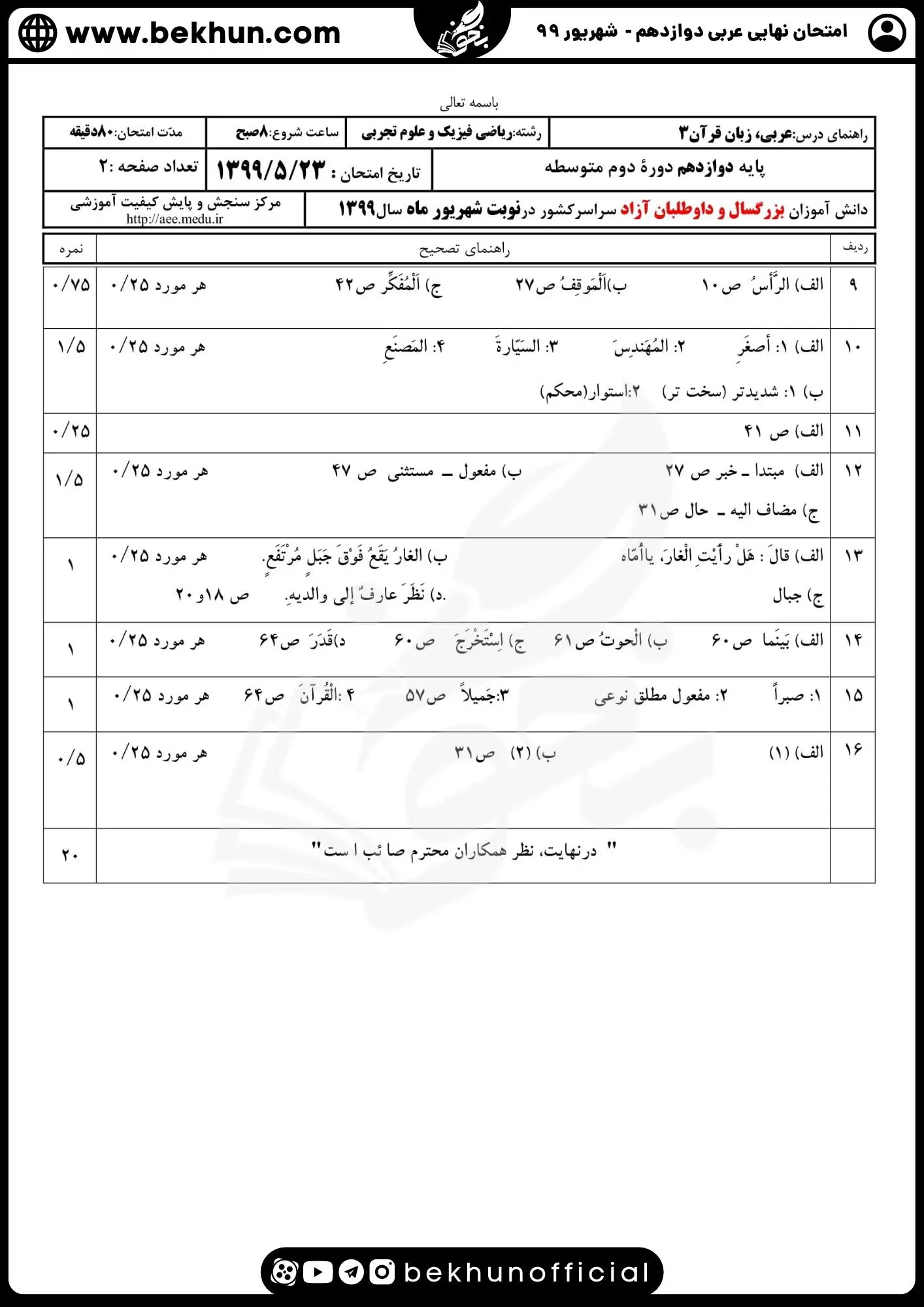 نمونه سوالات نهایی عربی دوازدهم تجربی و ریاضی با جواب 137 پاسخ سوالات امتحان نهایی عربی دوازدهم تجربی شهریور ماه 99
