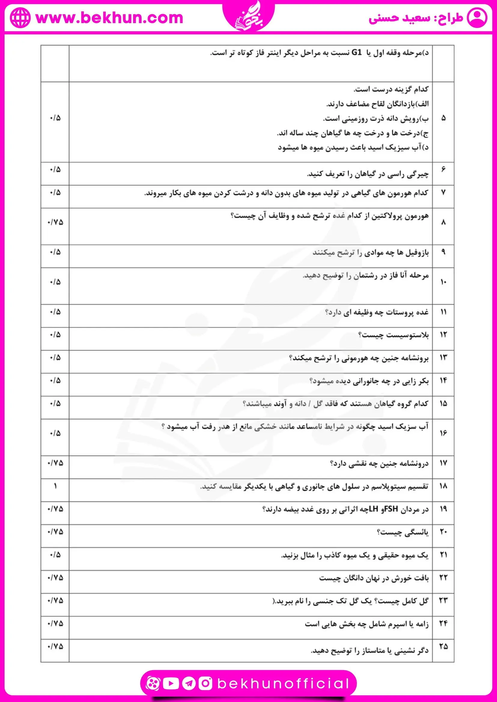 نمونه سوال زیست یازدهم نوبت خرداد دوم با جواب