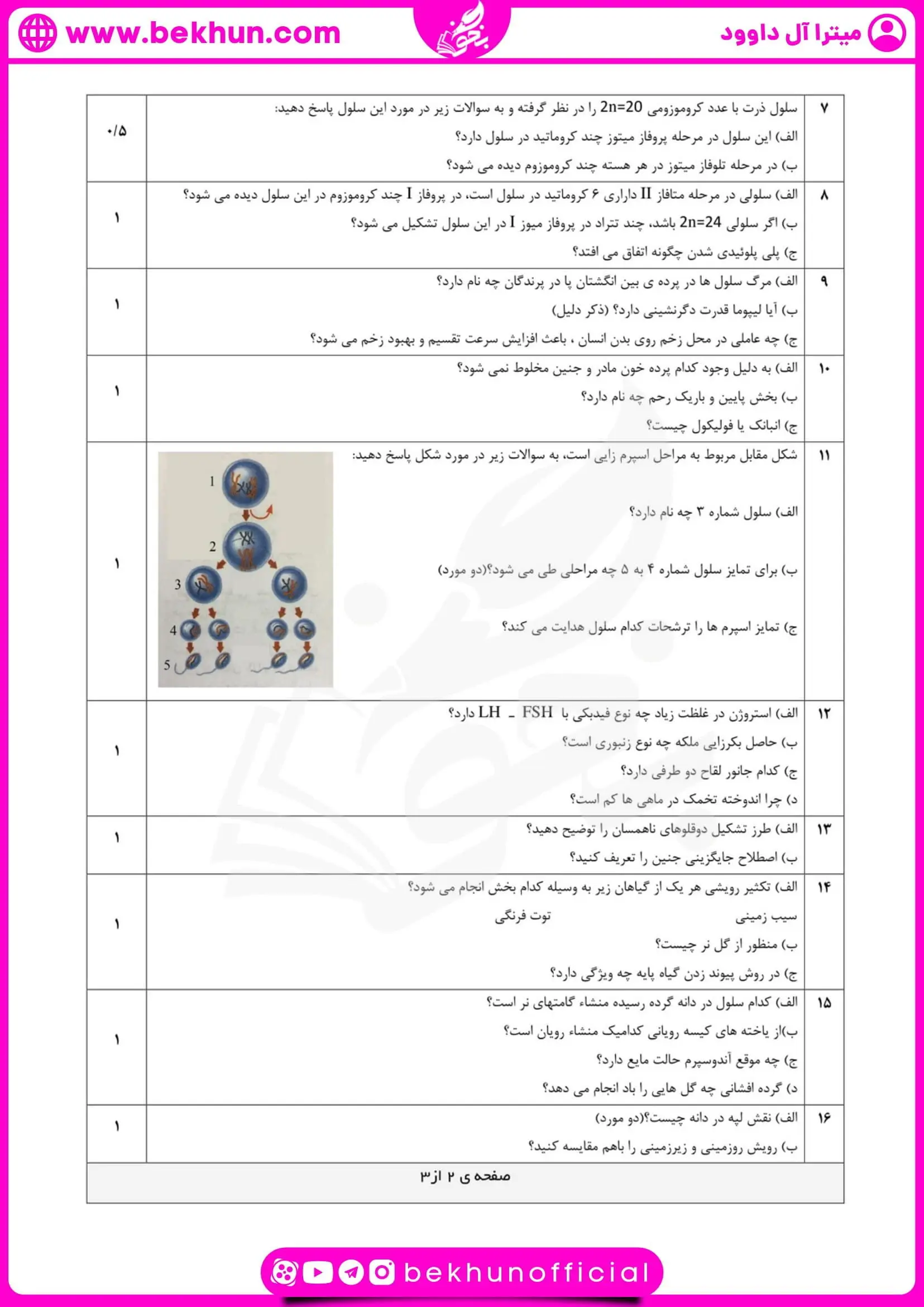 نمونه سوال امتحان ترم دوم زیست یازدهم