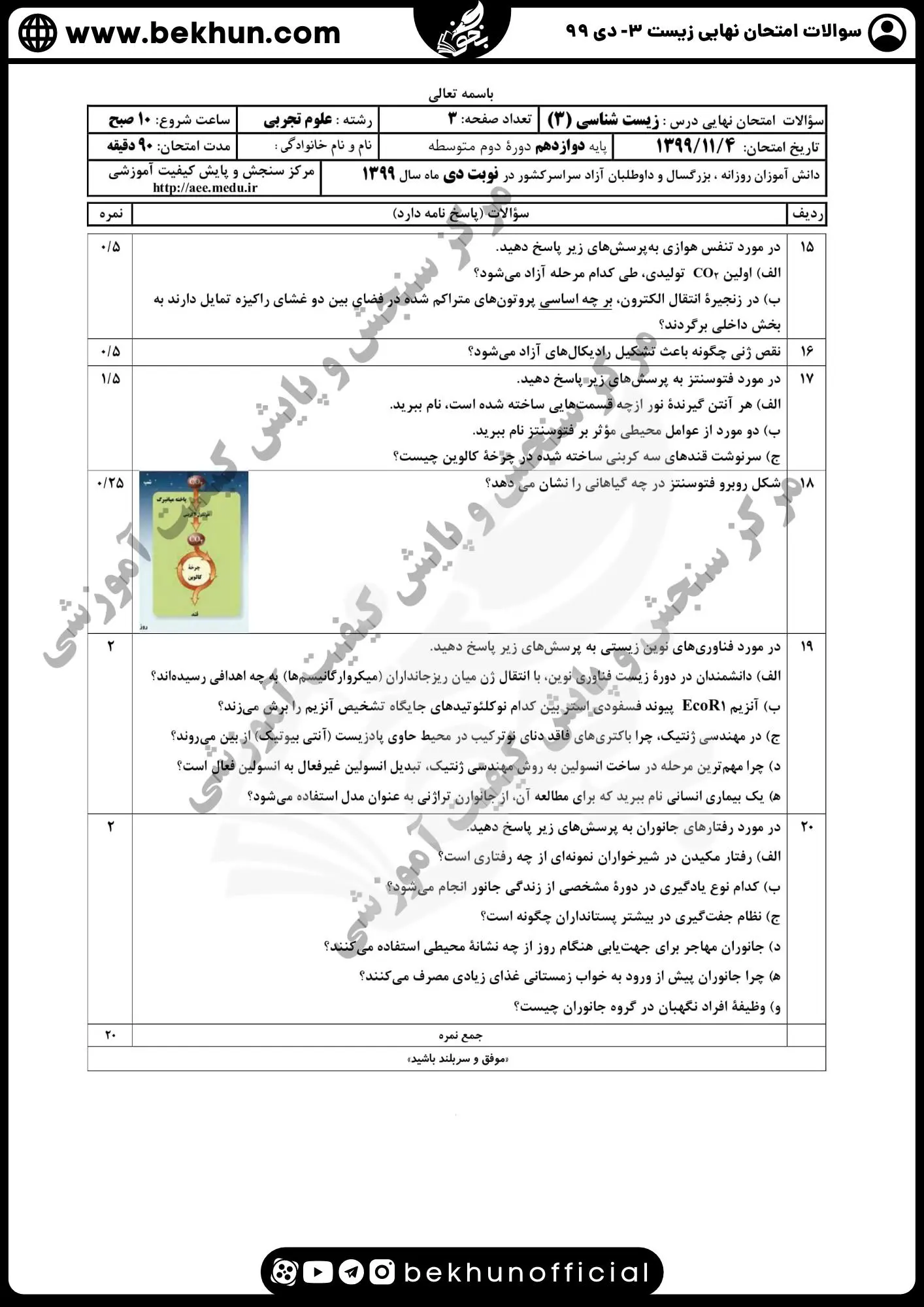 امتحان نهایی زیست شناسی دوازدهم تجربی دی ۹۹ با پاسخنامه