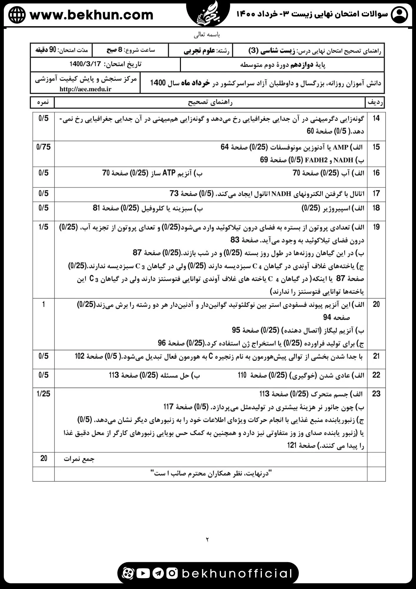 دانلود امتحان نهایی زیست شناسی 3 پایه دوازدهم خرداد 1400 با جواب