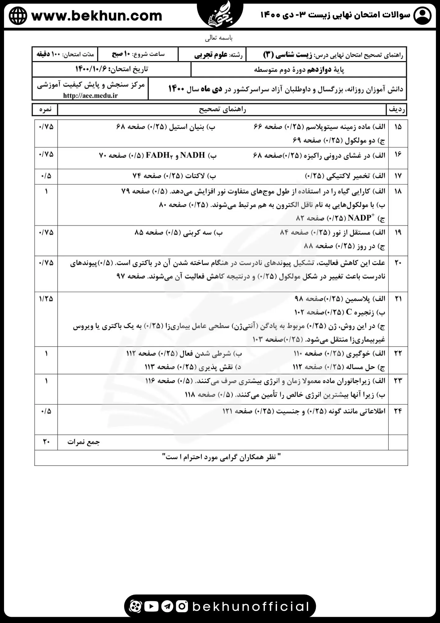 امتحان نهایی زیست دی 1400 پایه دوازدهم علوم تجربی با پاسخ