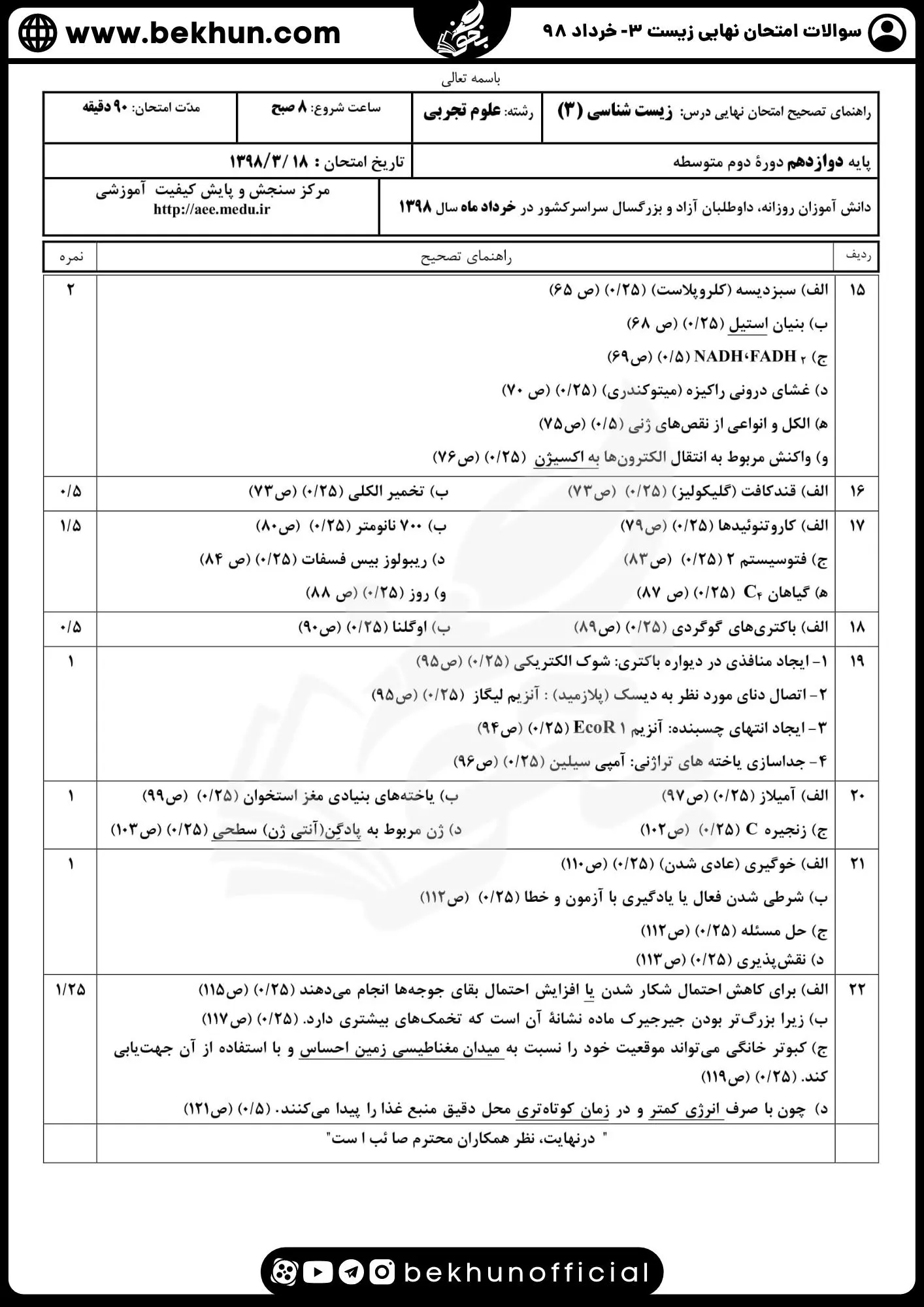 دانلود سوالات نهایی زیست دوازدهم تجربی خرداد 98