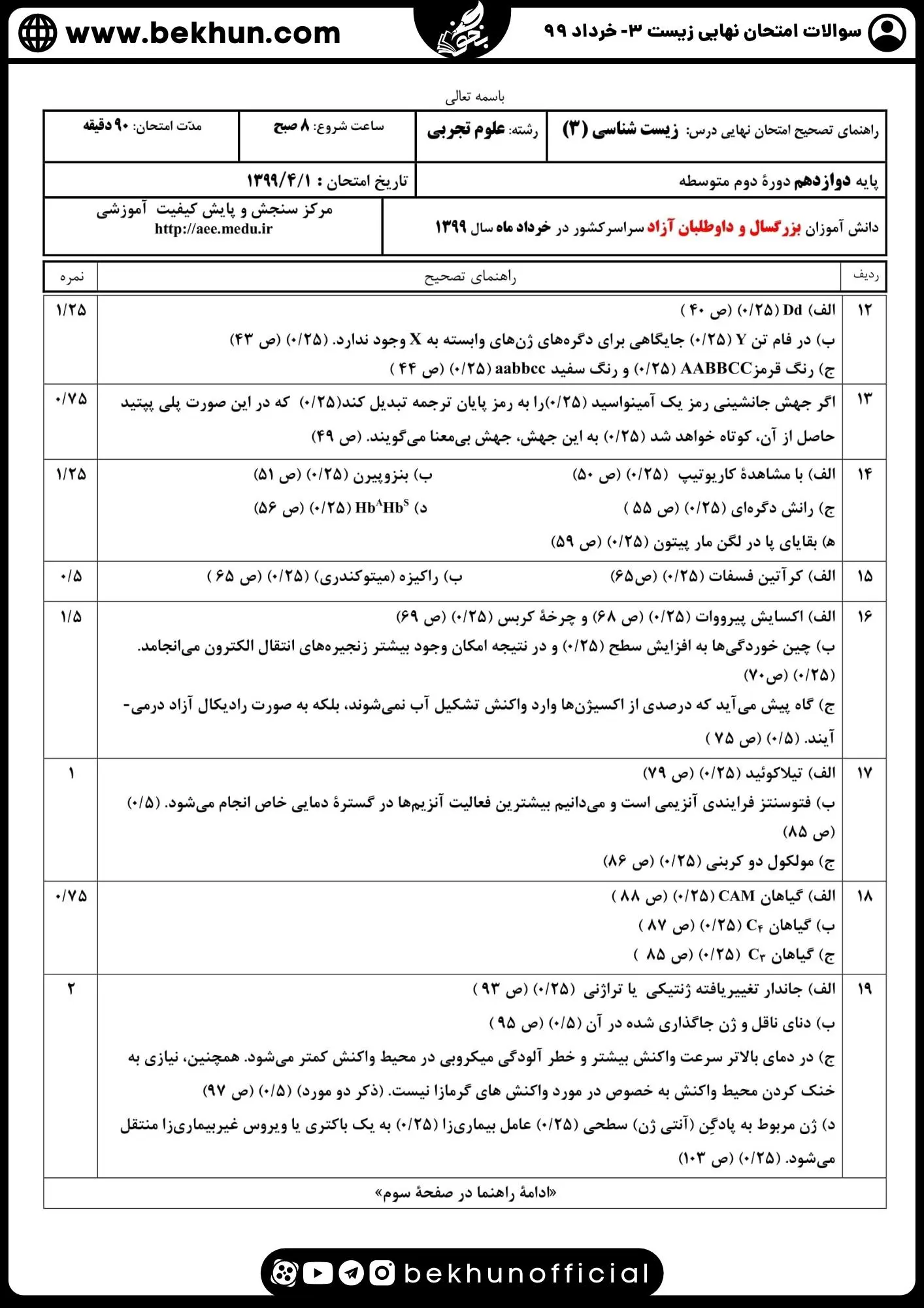 دانلود سوالات امتحان نهایی زیست شناسی دوازدهم خرداد 99