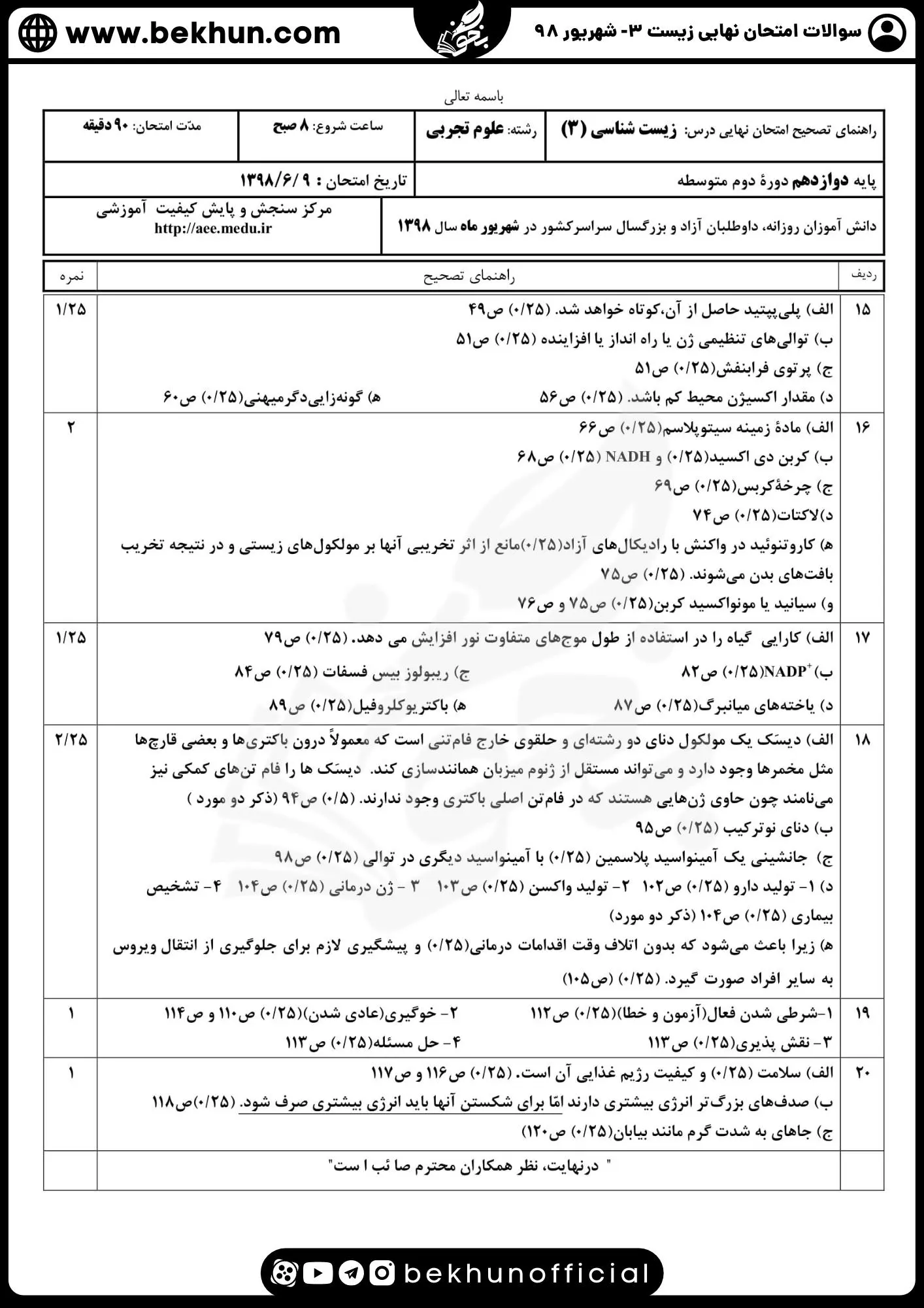 دانلود سوالات نهایی شهریور 98 زیست دوازدهم با جواب