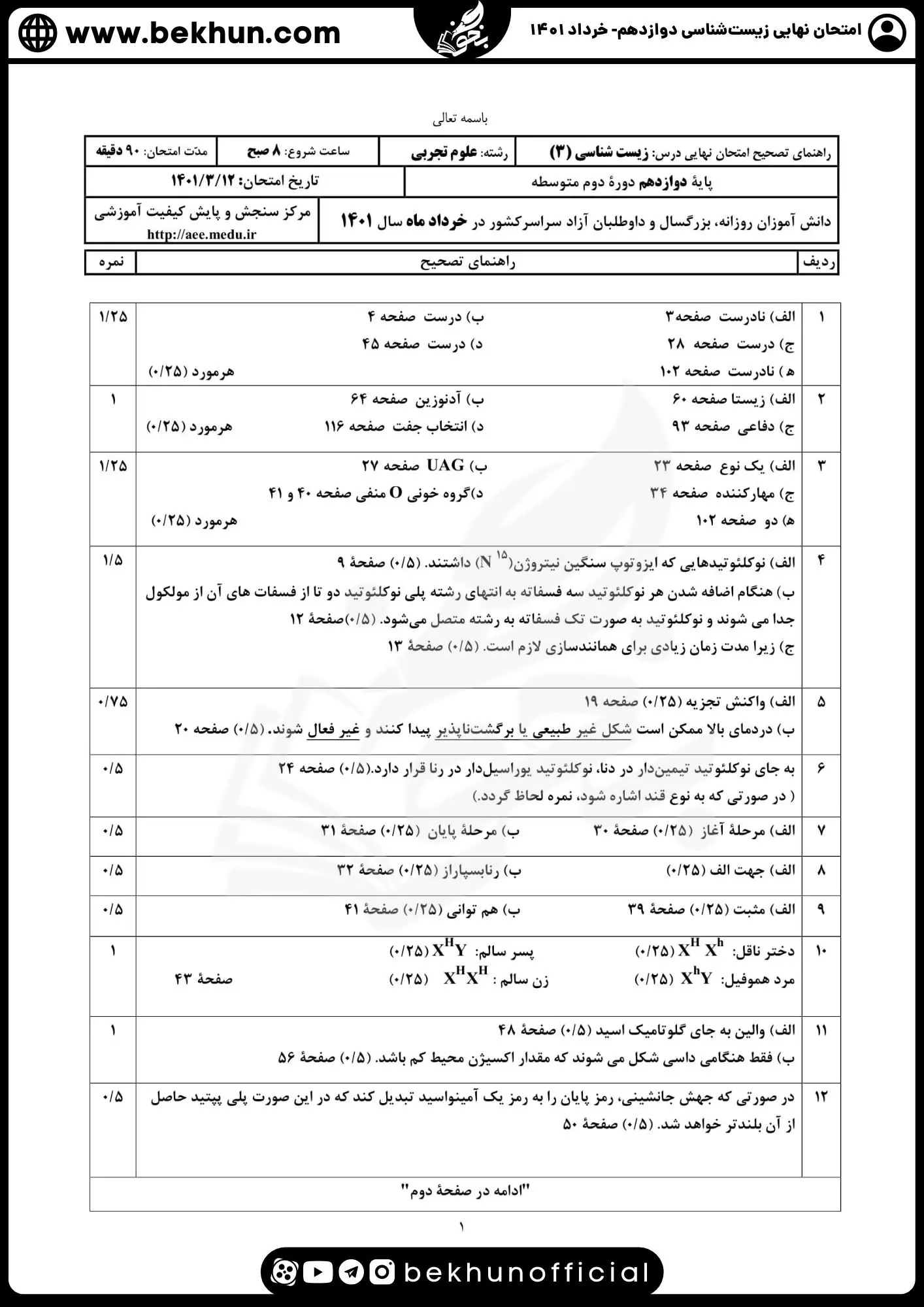 جواب نمونه سوال امتحان نهایی زیست دوازدهم خرداد 1401