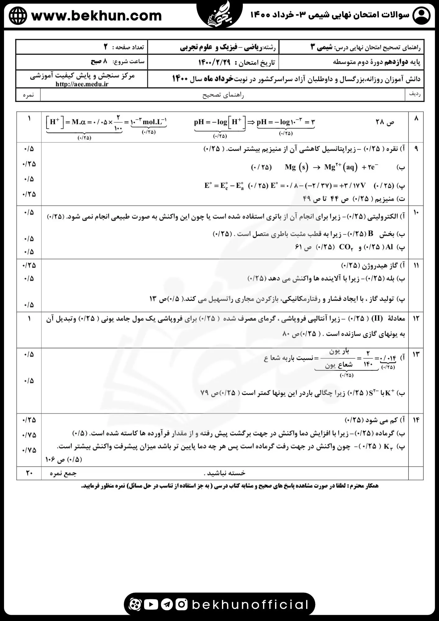 دانلود سوالات امتحان نهایی شیمی دوازدهم با جواب 126 امتحان نهایی شیمی دوازدهم خرداد 1400 به همراه پاسخنامه