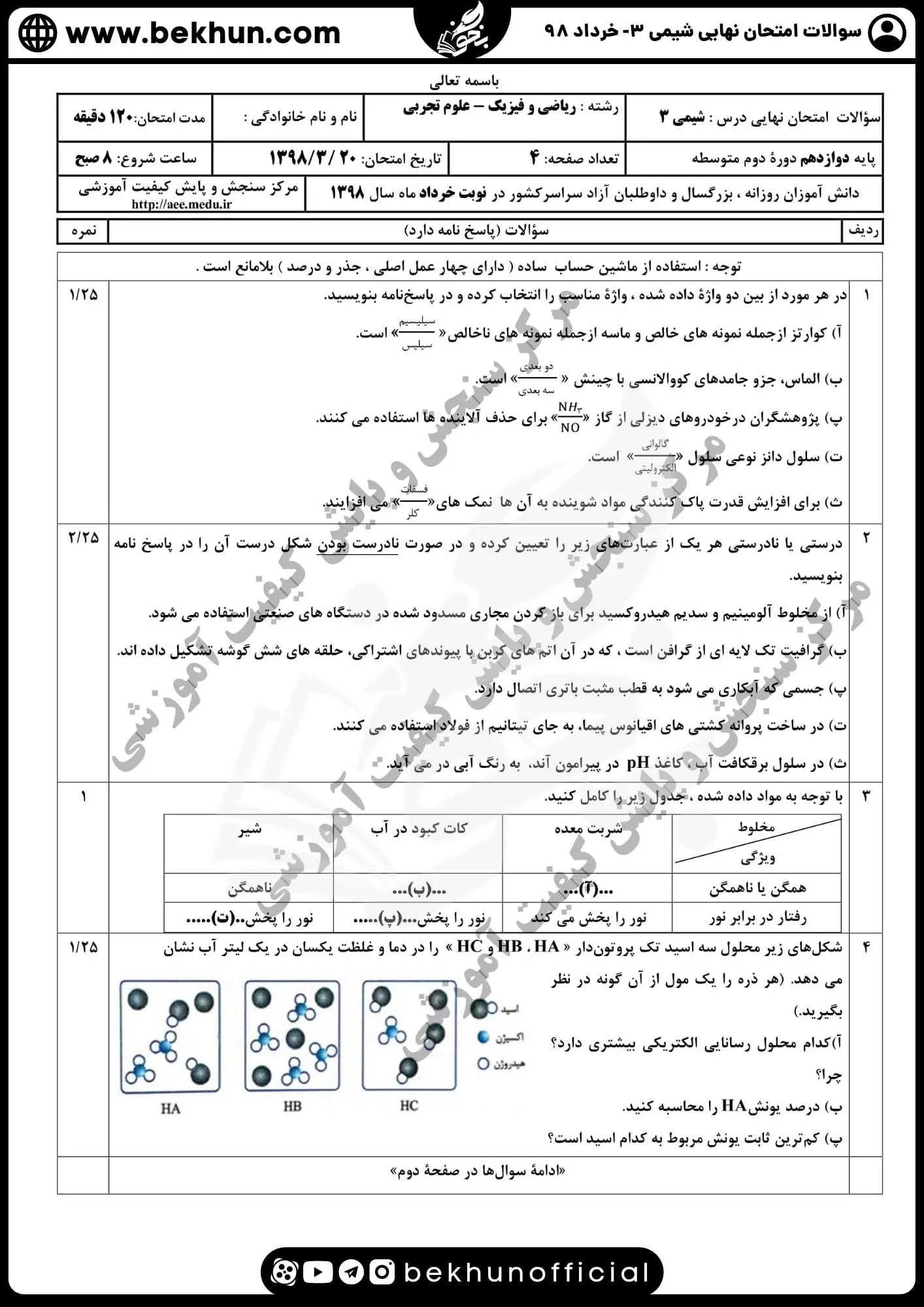 دانلود سوالات امتحان نهایی شیمی دوازدهم با جواب 164 سوالات امتحان نهایی شیمی دوازدهم خرداد 98