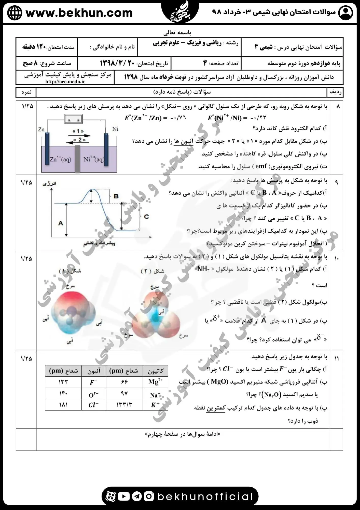دانلود سوالات امتحان نهایی شیمی دوازدهم با جواب 166 سوالات امتحان نهایی شیمی دوازدهم خرداد 98