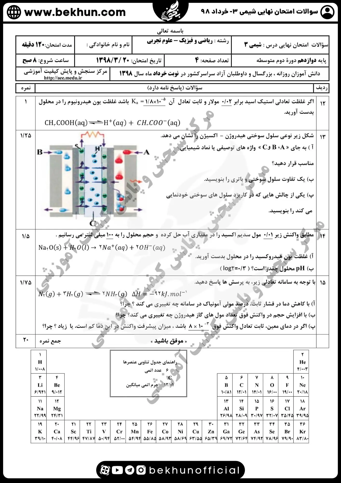 دانلود سوالات امتحان نهایی شیمی دوازدهم با جواب 167 نمونه سوالات امتحان نهایی خرداد 98 با جواب