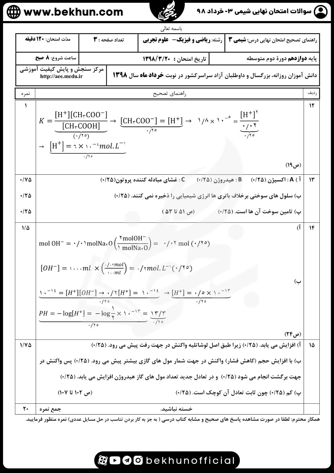 دانلود سوالات امتحان نهایی شیمی دوازدهم با جواب 170 دانلود سوالات امتحان نهایی شیمی دوازدهم خرداد 98 با پاسخنامه تشریحی