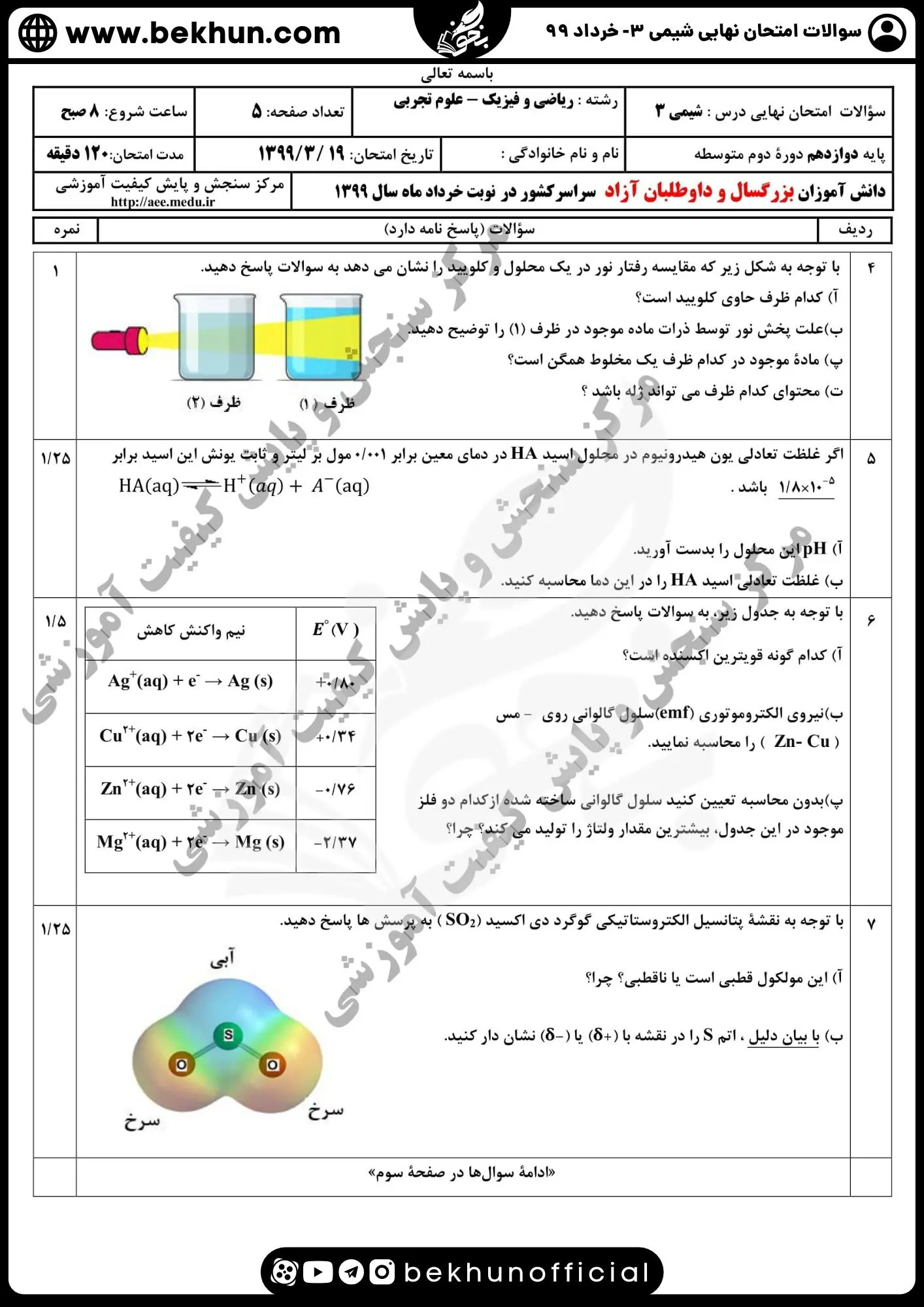 دانلود سوالات امتحان نهایی شیمی دوازدهم با جواب 142 دانلود امتحان نهایی شیمی دوازدهم خرداد ۹۹ با جواب