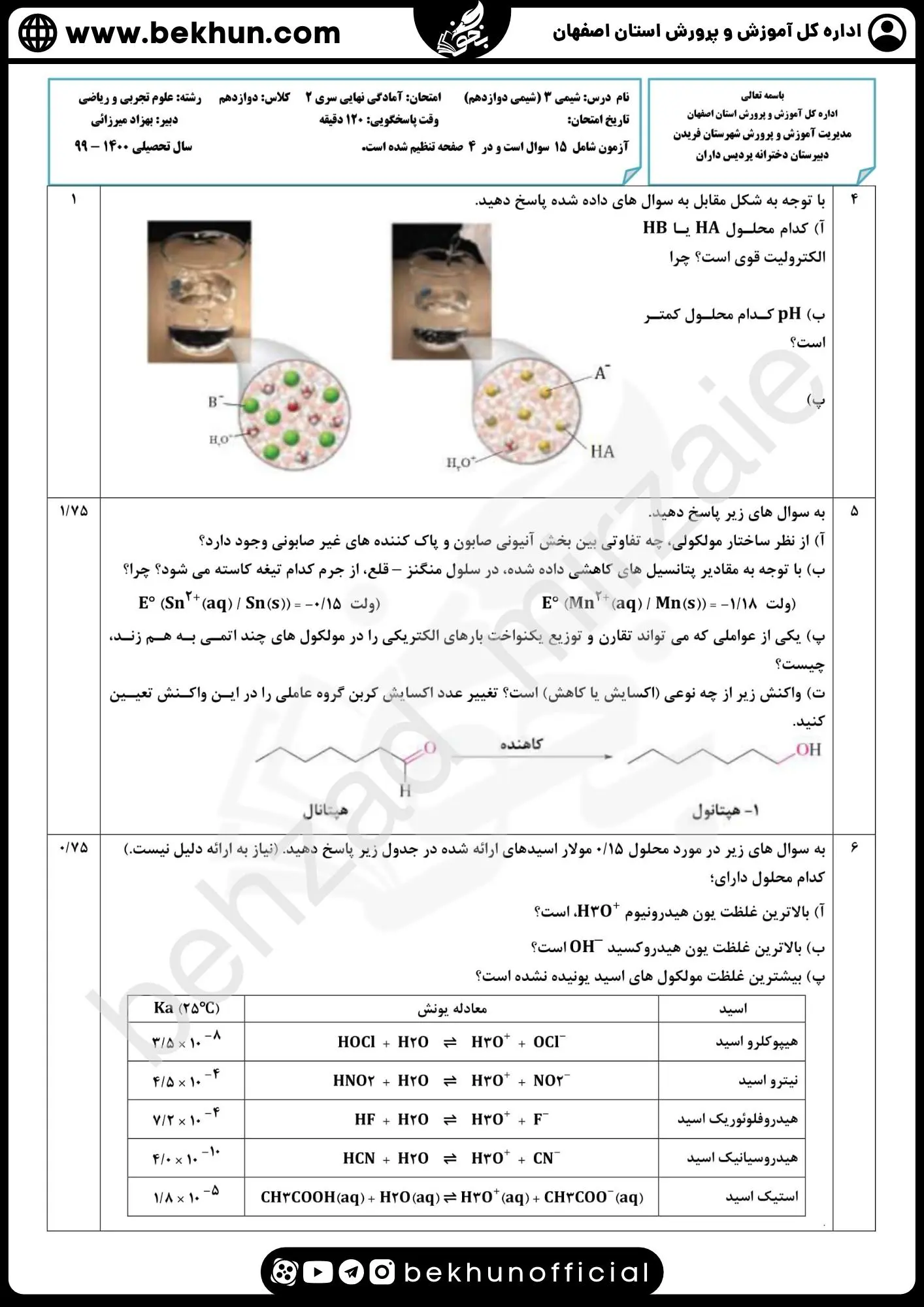دانلود سوالات امتحان نهایی شیمی دوازدهم با جواب 94 دانلود سوالات شبیه نهایی شیمی دوازدهم نوبت دوم