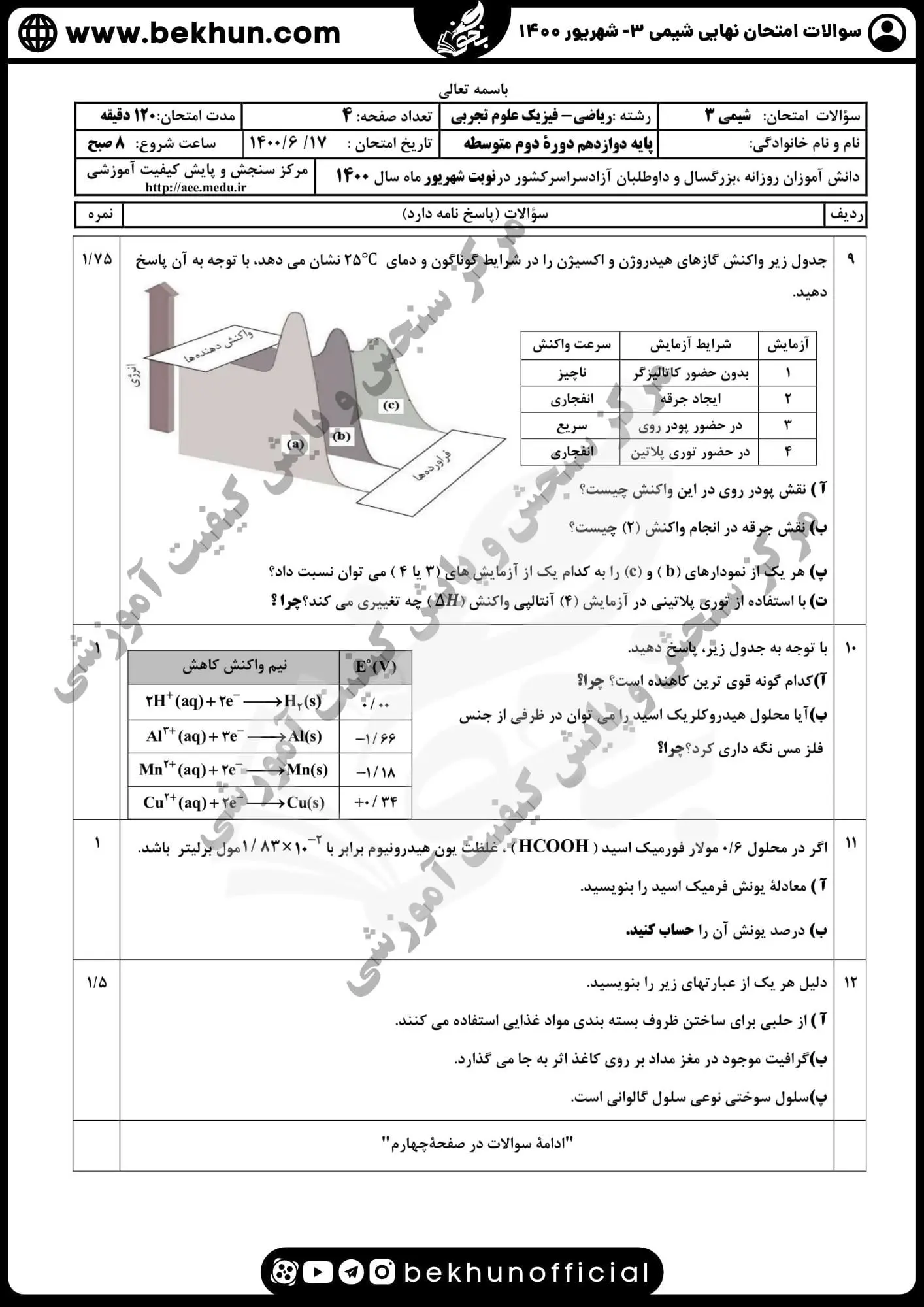 دانلود سوالات امتحان نهایی شیمی دوازدهم با جواب 129 امتحان نهایی شیمی دوازدهم شهریور ۱۴۰۰
