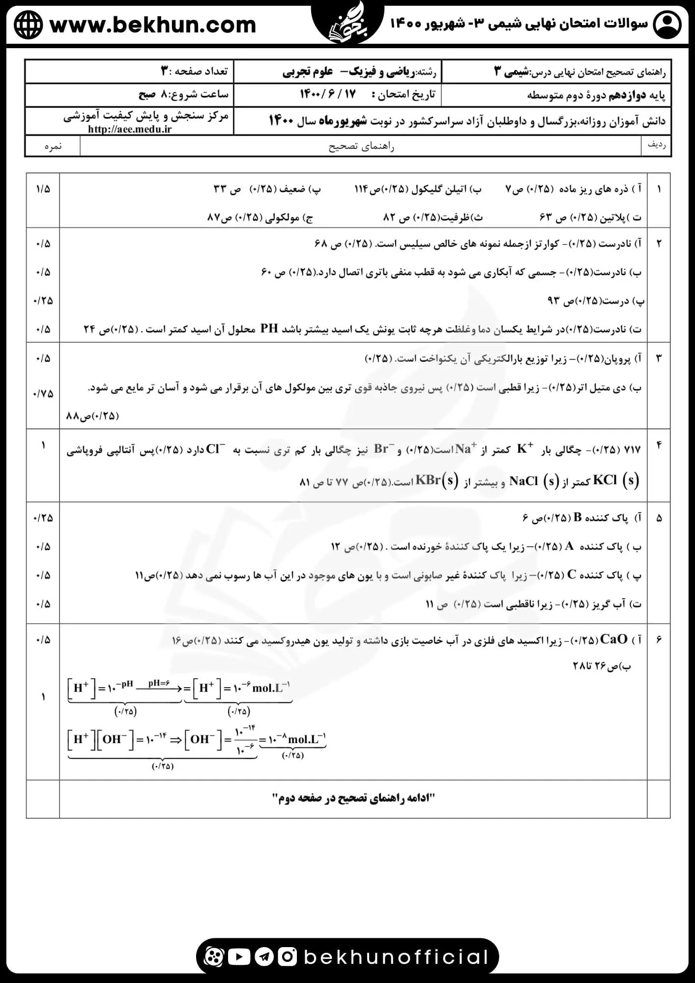 دانلود سوالات امتحان نهایی شیمی دوازدهم با جواب 131 امتحان نهایی شیمی 3 تجربی شهریور ۱۴۰۰