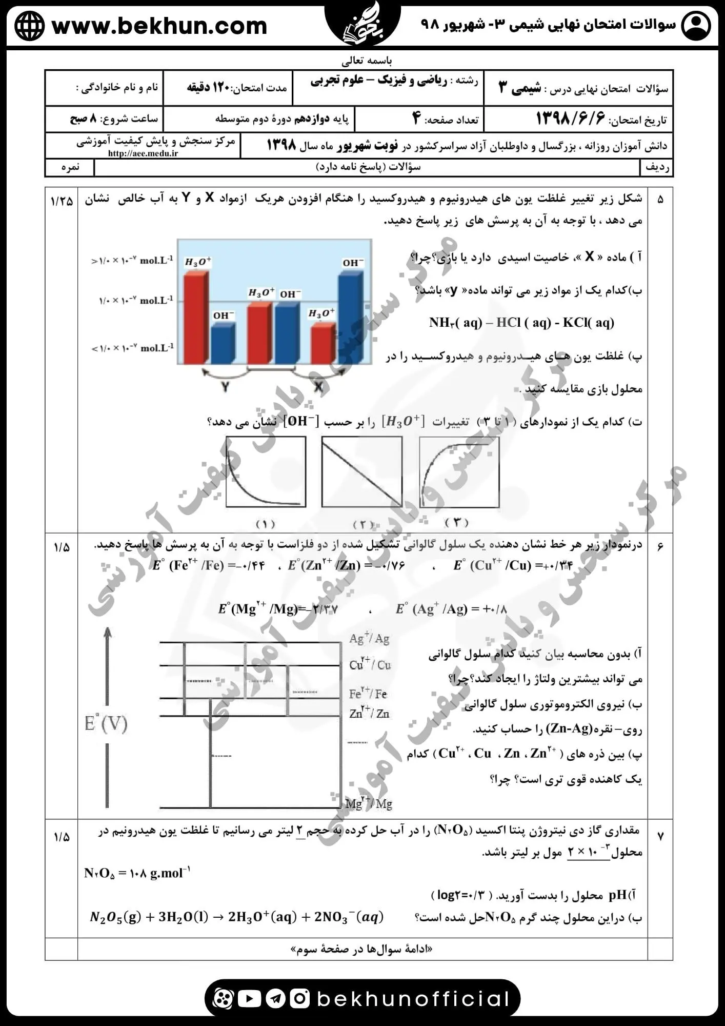 دانلود سوالات امتحان نهایی شیمی دوازدهم با جواب 172 دانلود سوالات امتحان نهایی شیمی دوازدهم شهریور ماه 98