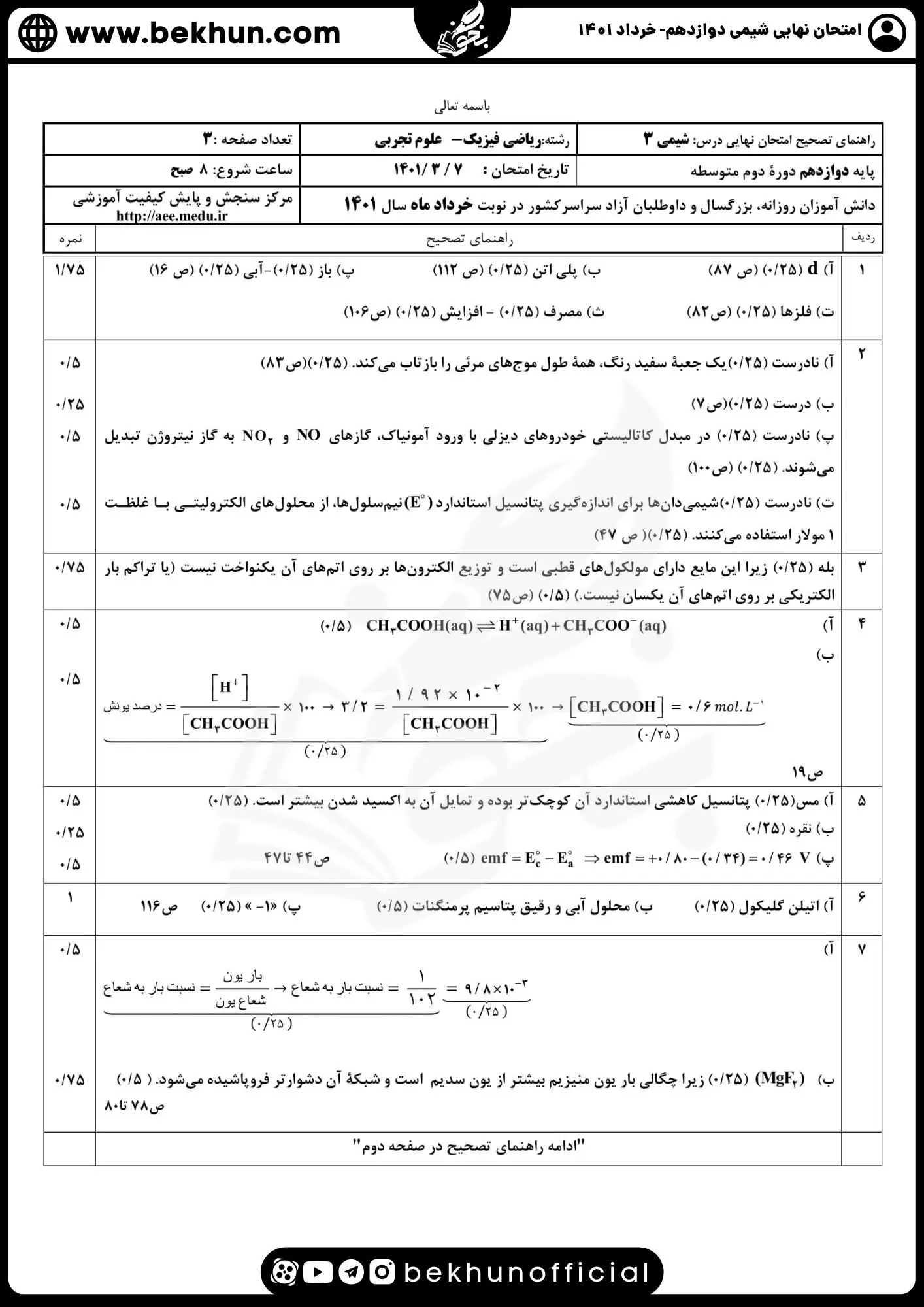 دانلود سوالات امتحان نهایی شیمی دوازدهم با جواب 118 پاسخنامه نمونه سوالات شیمی دوازدهم نهایی 1401