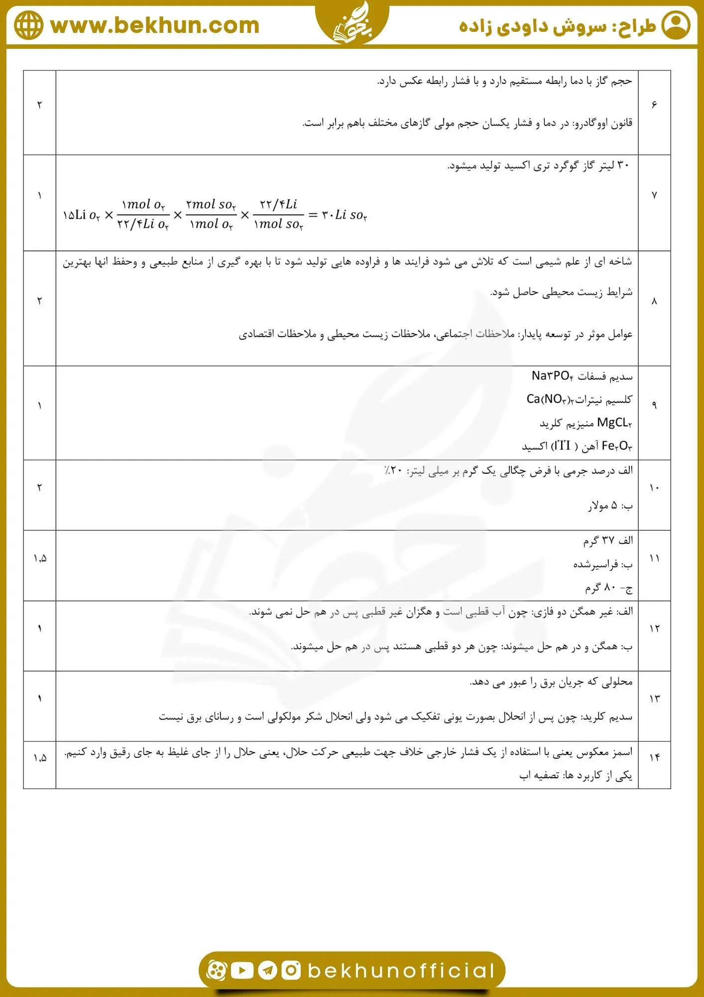 نمونه سوال نوبت دوم شیمی دهم