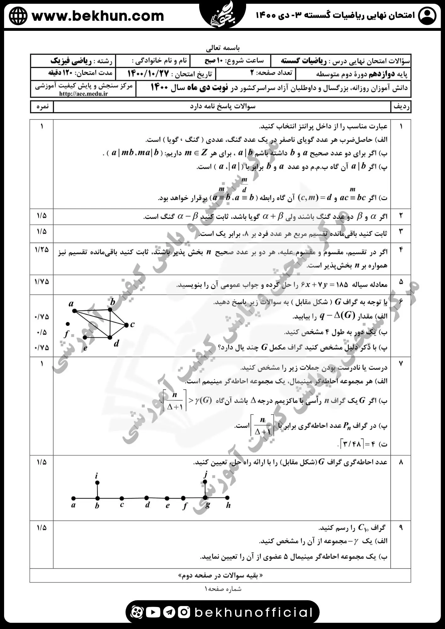 نمونه سوالات نهایی ریاضیات گسسته دوازدهم با جواب 83 نمونه سوال گسسته دوازدهم دی ماه 1400