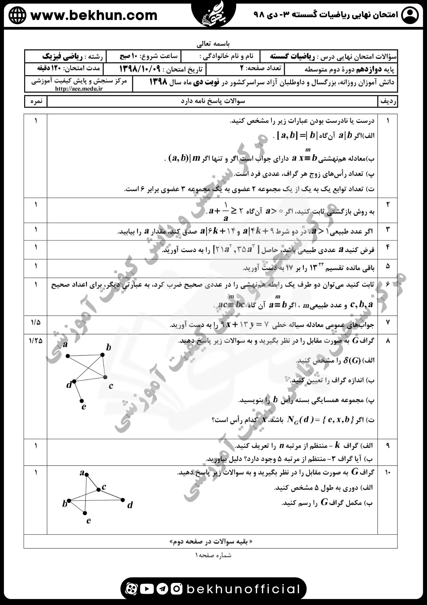 نمونه سوالات نهایی ریاضیات گسسته دوازدهم با جواب 109 سوالات گسسته دوازدهم نهایی دی ماه 98