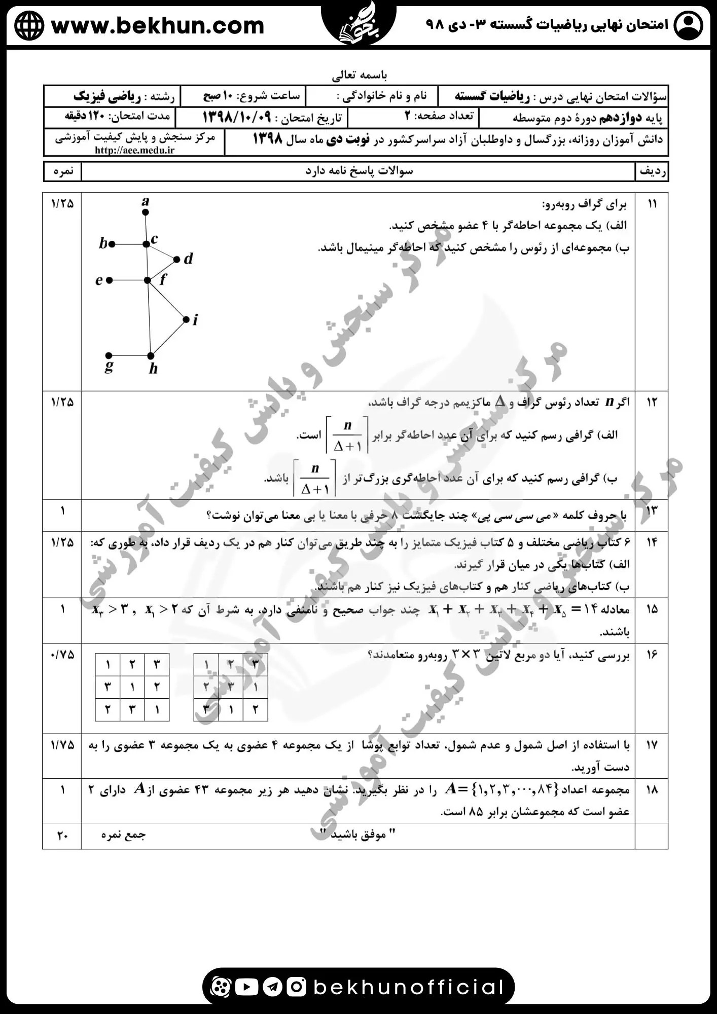 نمونه سوالات نهایی ریاضیات گسسته دوازدهم با جواب 110 امتحان گسسته دوازدهم نهایی دی ماه 98